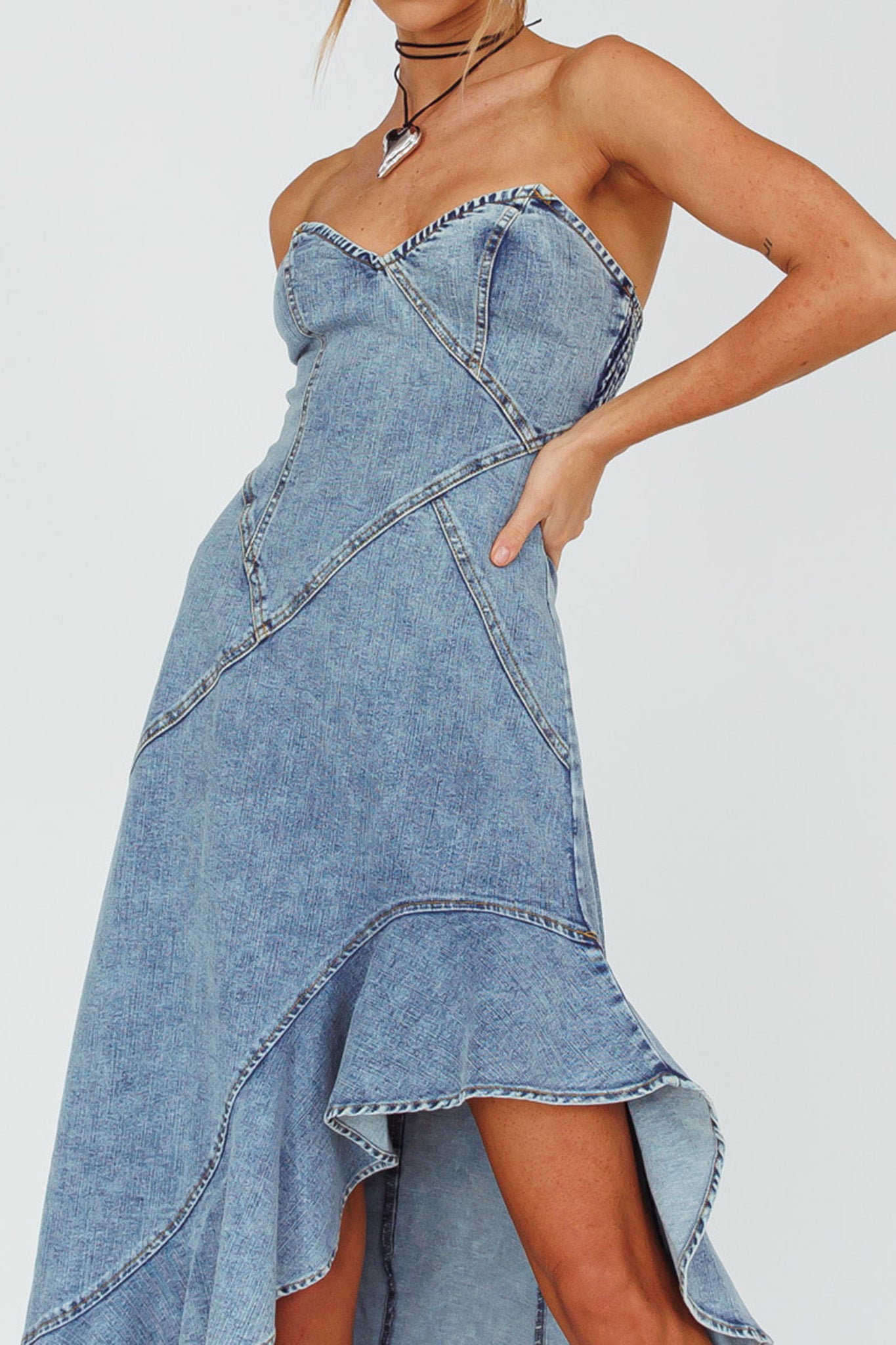 Moon Sweetheart Neckline Ruffle Midi Dress Denim by Selfie Leslie Australia