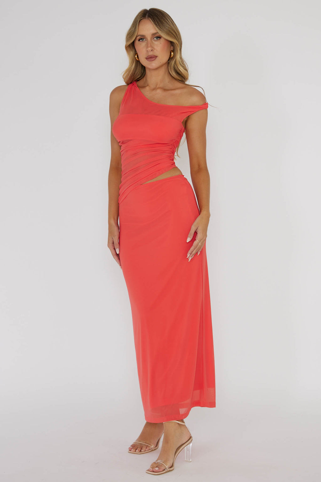 Lorely Ruched Bodice Twist Strap Midi Dress Watermelon by Selfie Leslie Australia