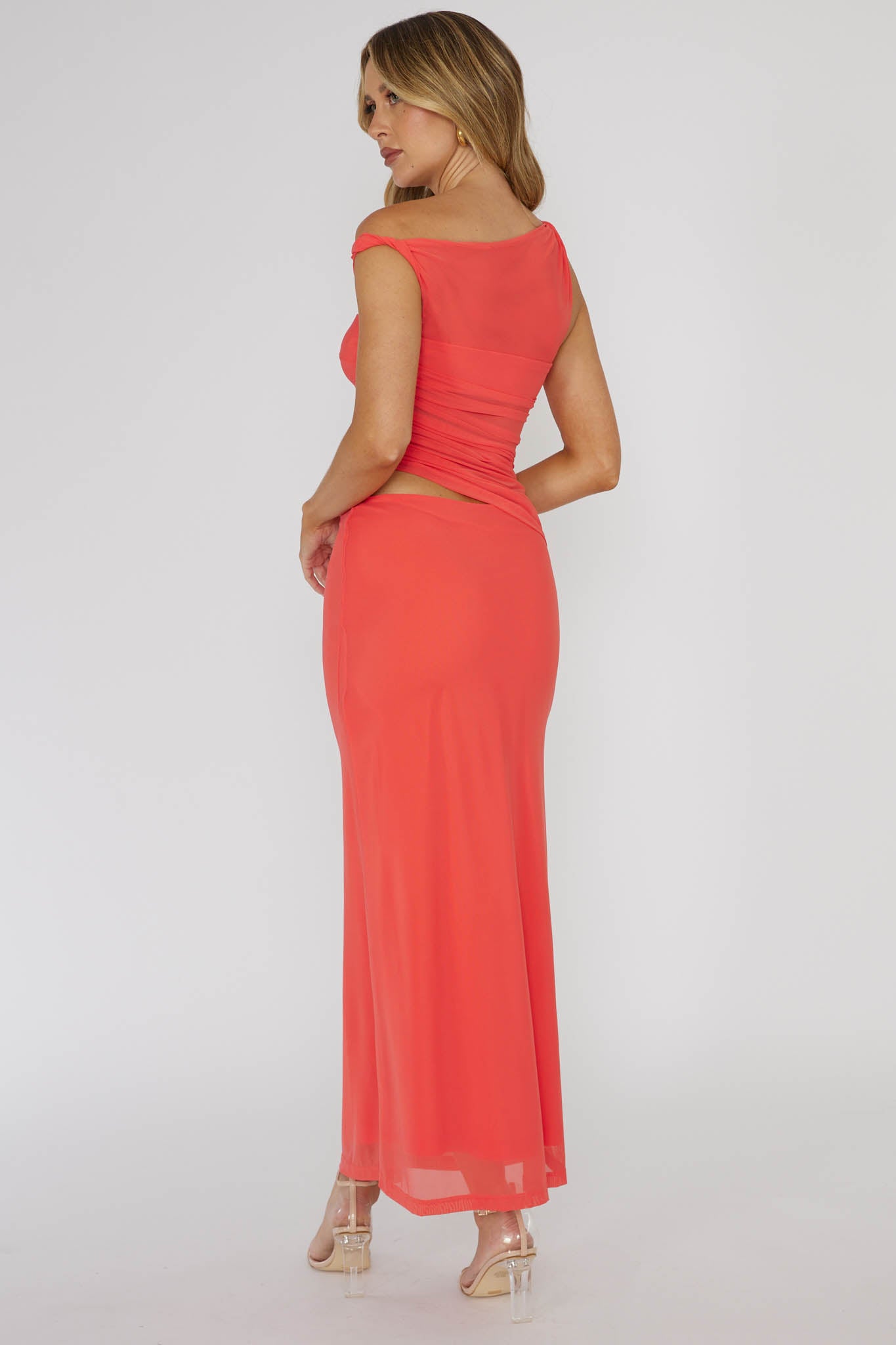 Lorely Ruched Bodice Twist Strap Midi Dress Watermelon by Selfie Leslie Australia