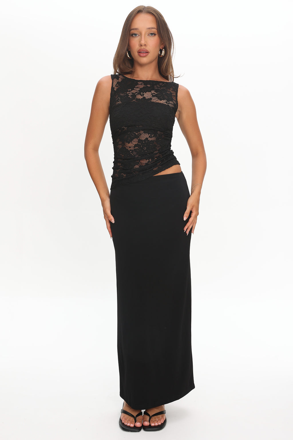 Lorely Ruched Lace Bodice Maxi Dress Black by Selfie Leslie Australia
