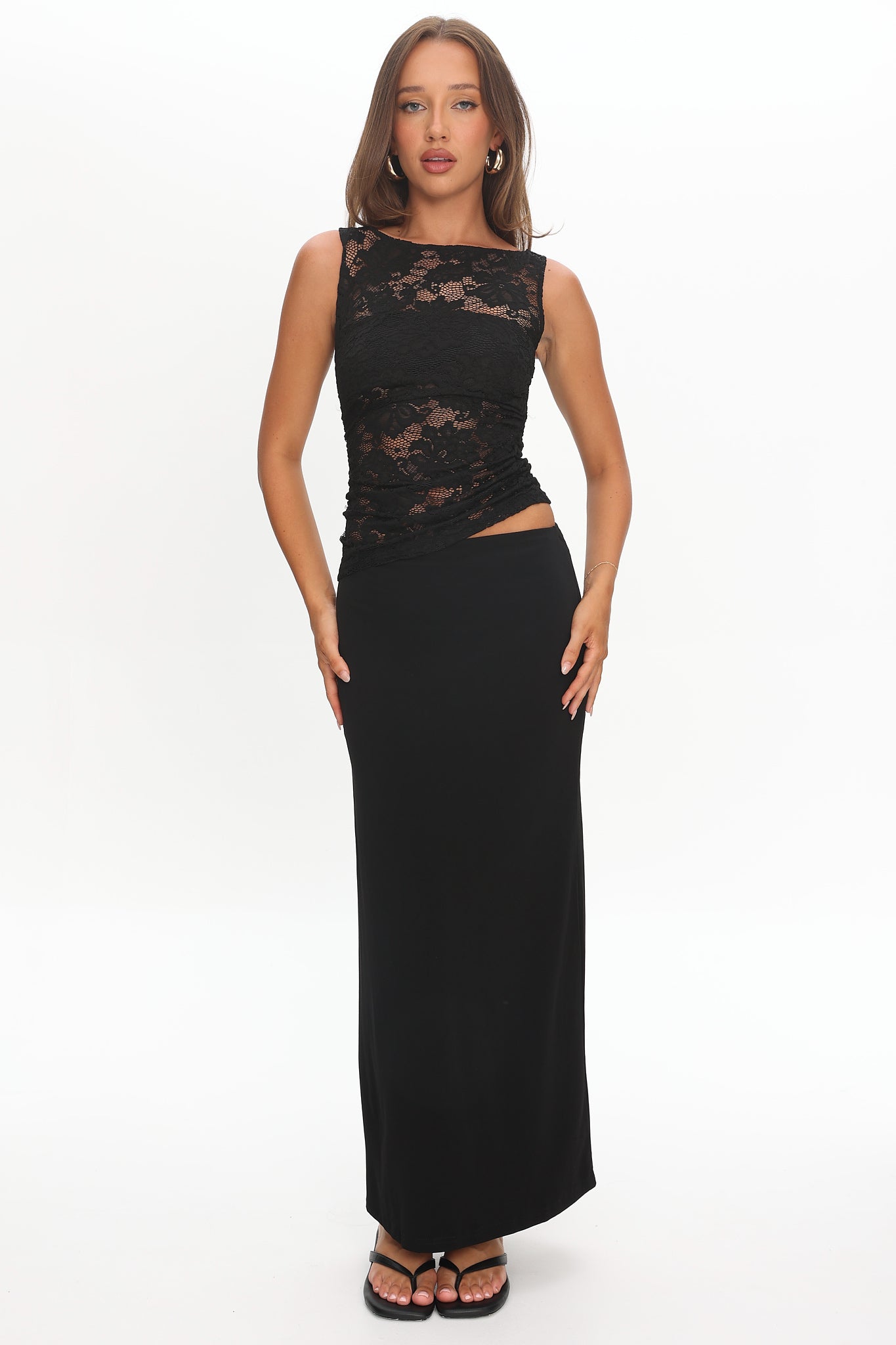 Lorely Ruched Lace Bodice Maxi Dress Black by Selfie Leslie Australia