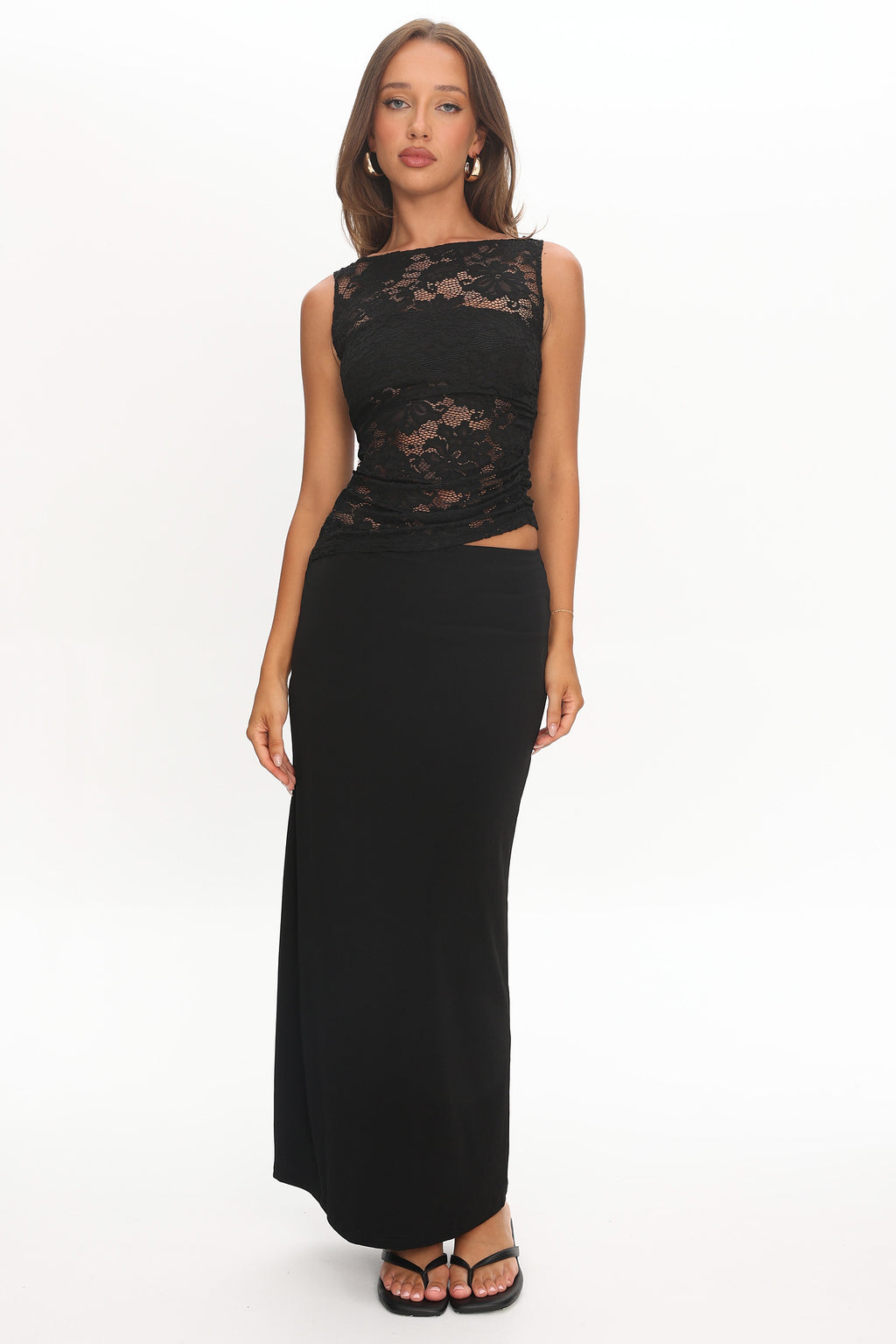 Lorely Ruched Lace Bodice Maxi Dress Black by Selfie Leslie Australia