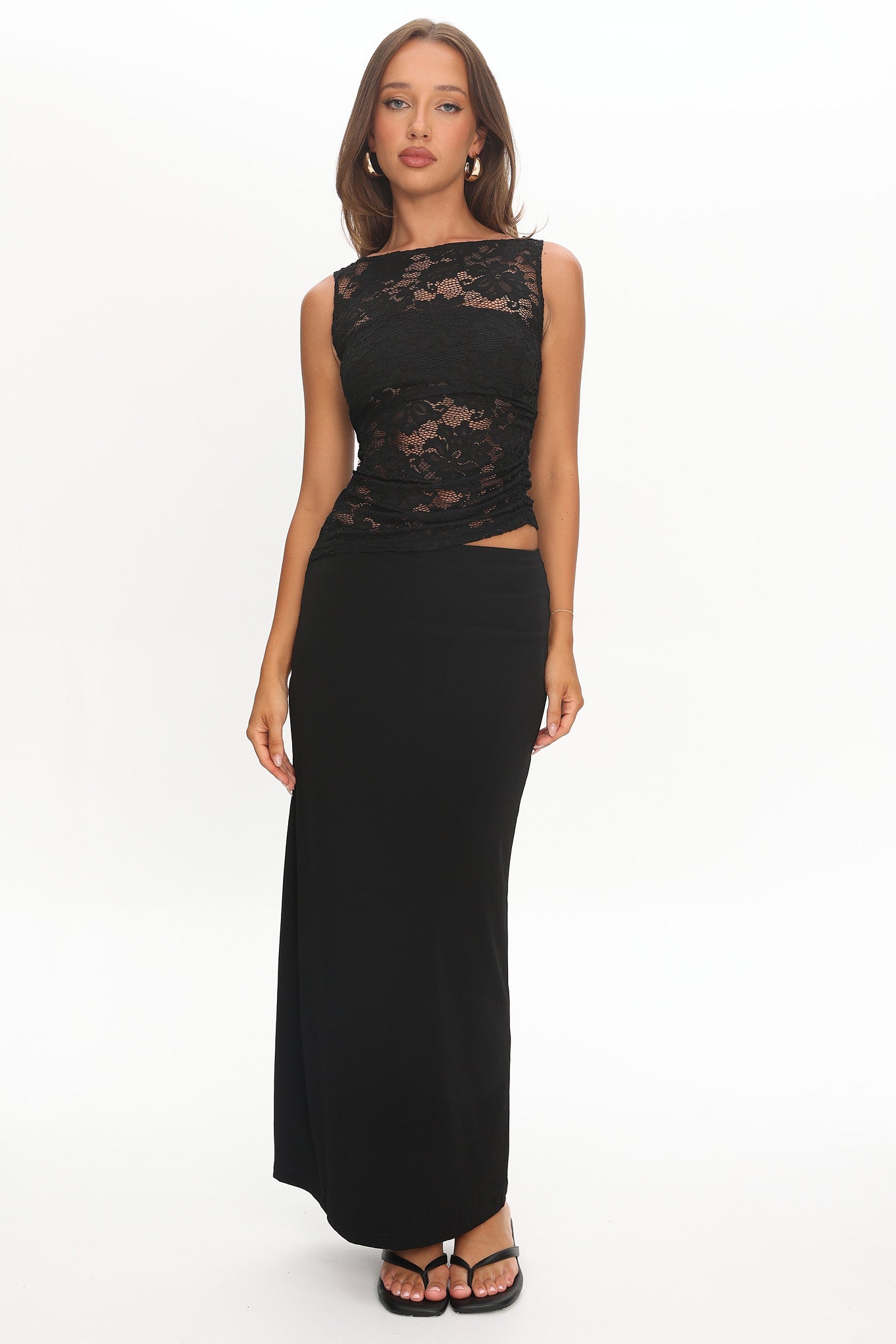 Lorely Ruched Lace Bodice Maxi Dress Black by Selfie Leslie Australia