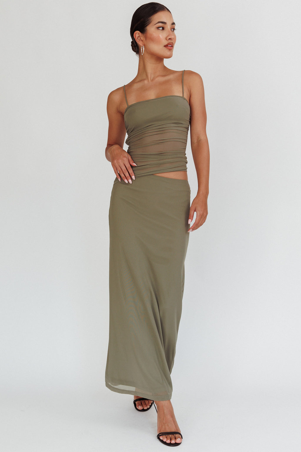 Lorely Ruched Bodice Maxi Dress Olive by Selfie Leslie Australia