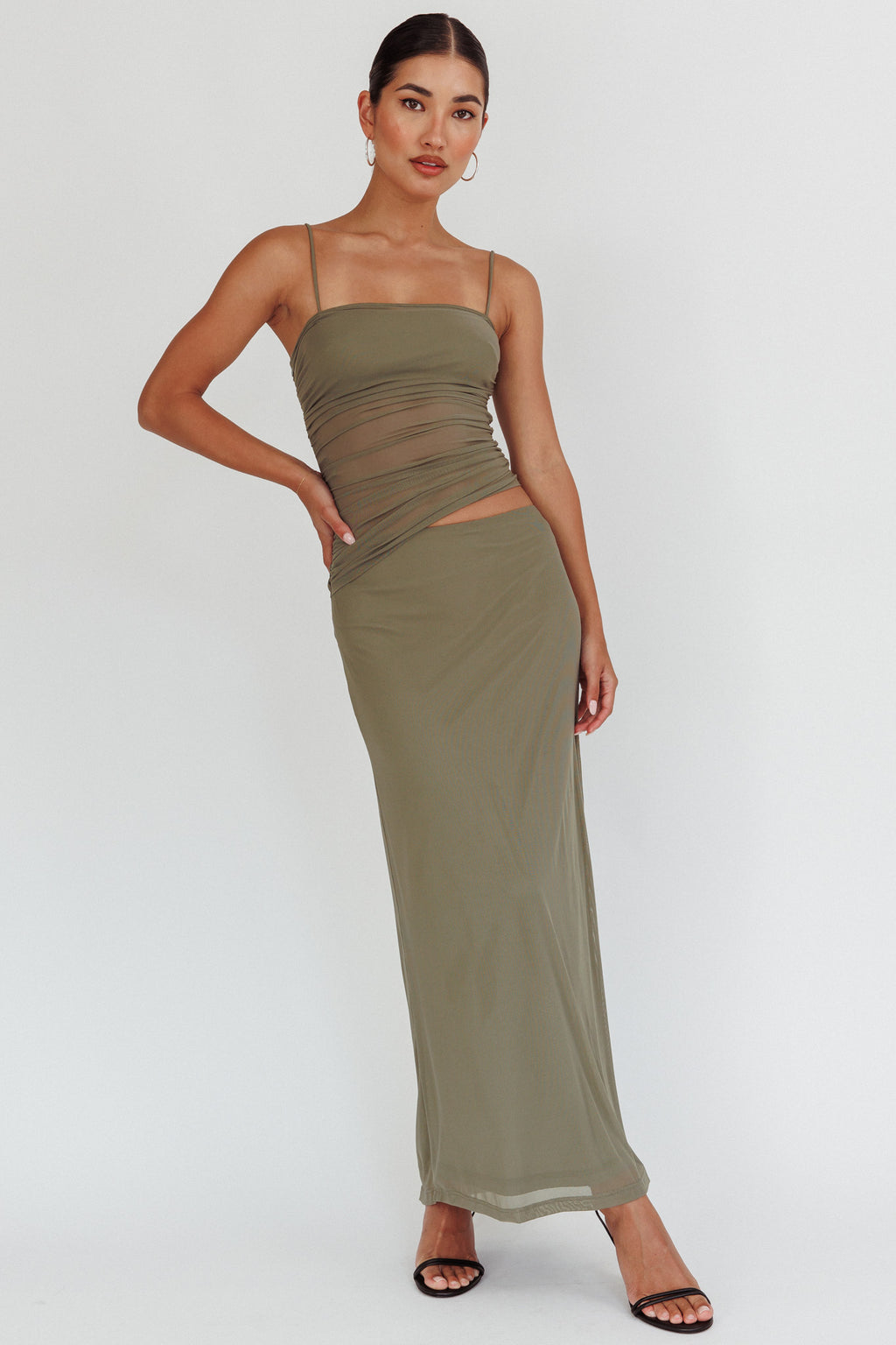 Lorely Ruched Bodice Maxi Dress Olive by Selfie Leslie Australia