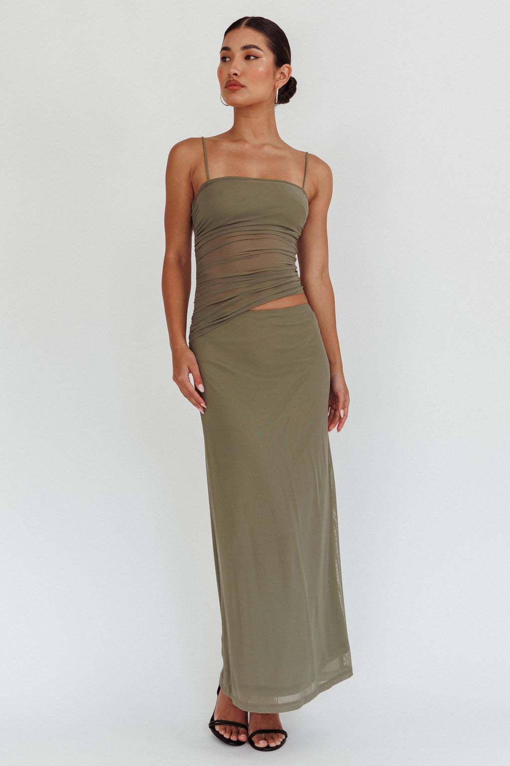 Lorely Ruched Bodice Maxi Dress Olive by Selfie Leslie Australia