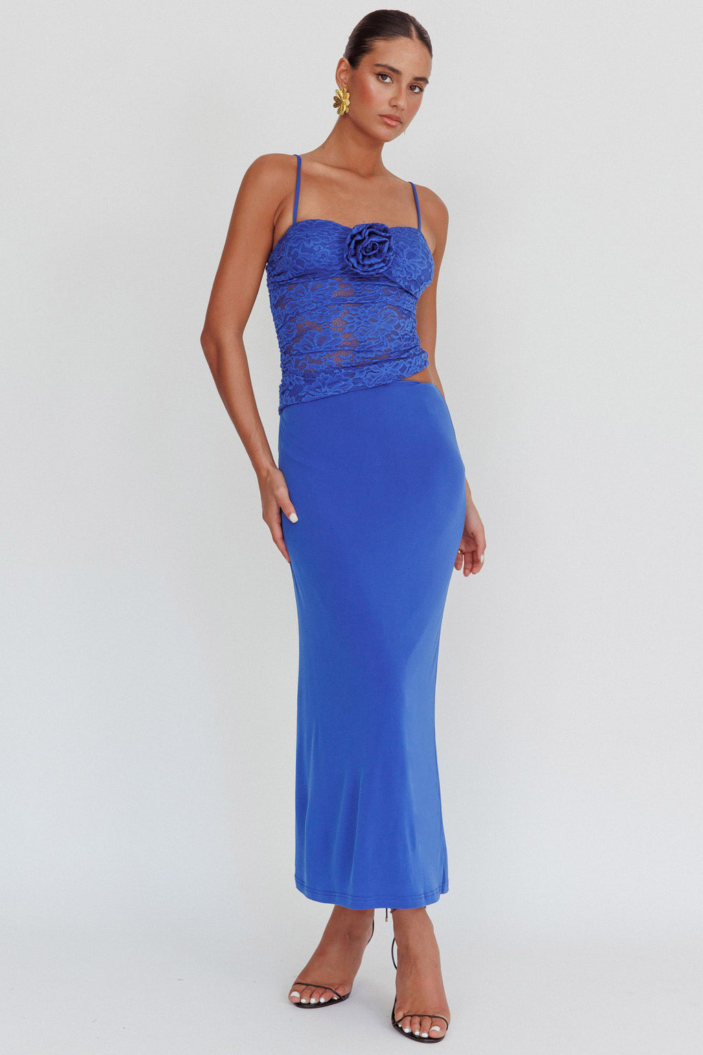 Lorely Lace Rosette Maxi Dress Top Blue by Selfie Leslie Australia