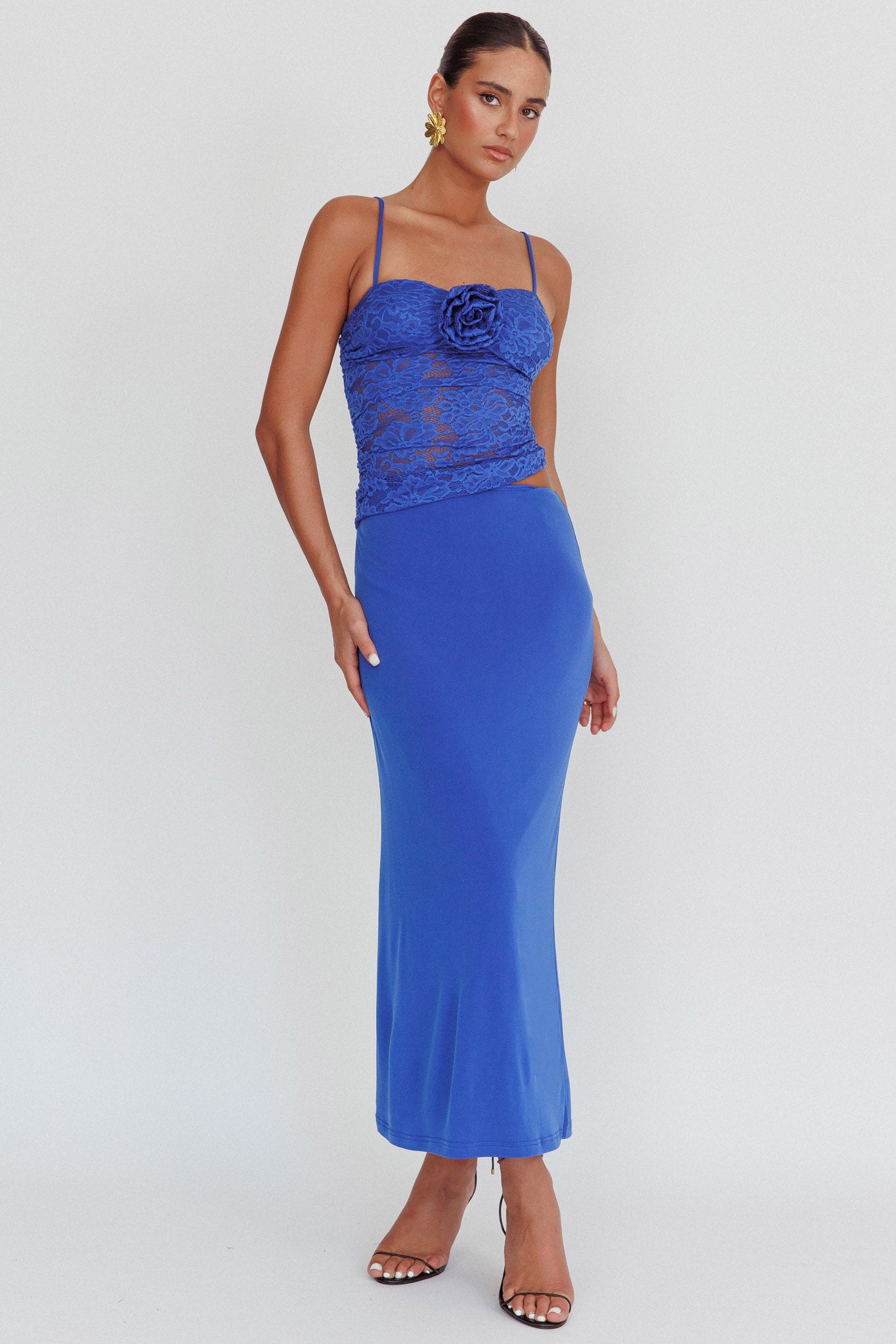 Lorely Lace Rosette Maxi Dress Top Blue by Selfie Leslie Australia