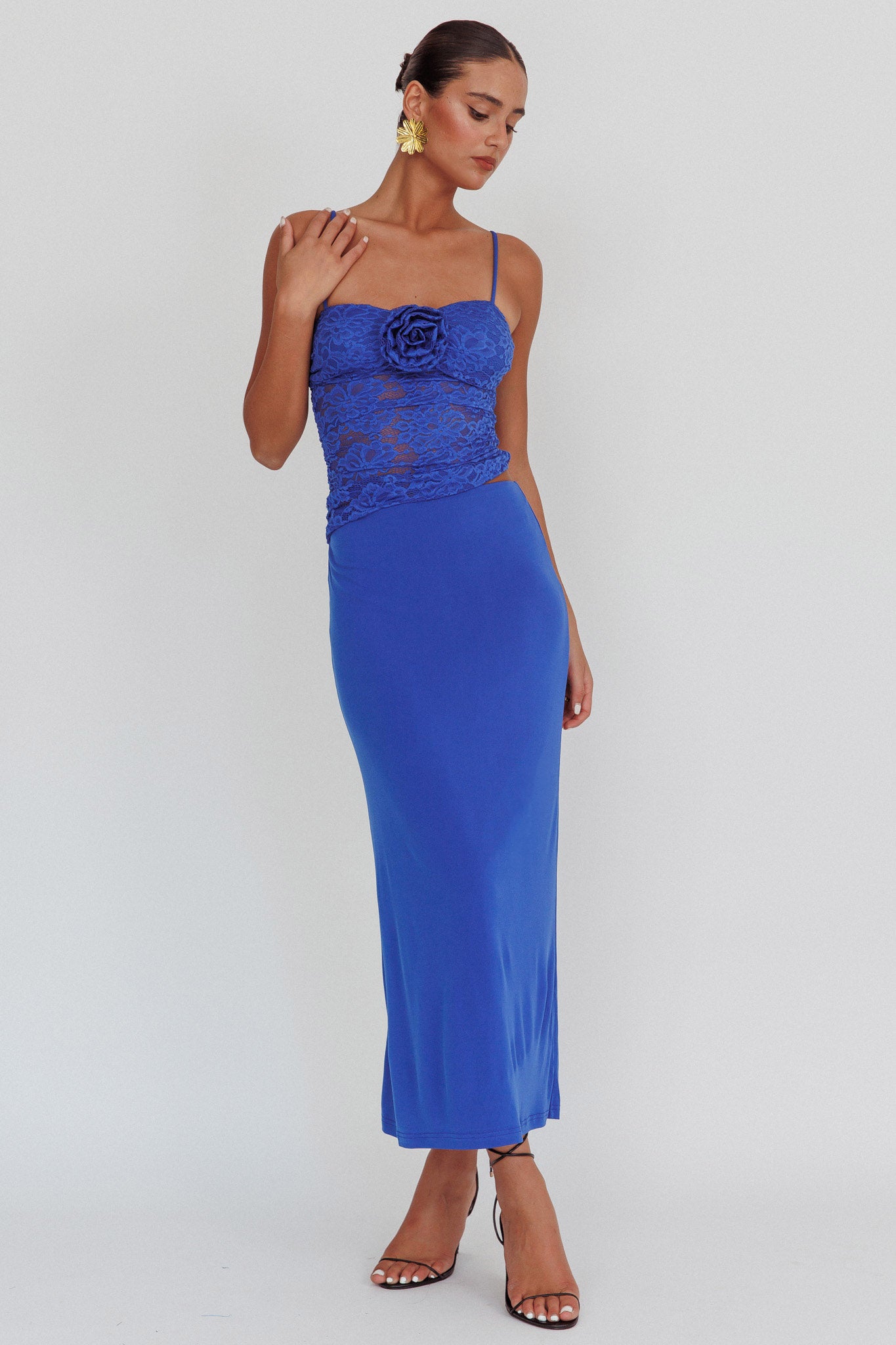 Lorely Lace Rosette Maxi Dress Top Blue by Selfie Leslie Australia