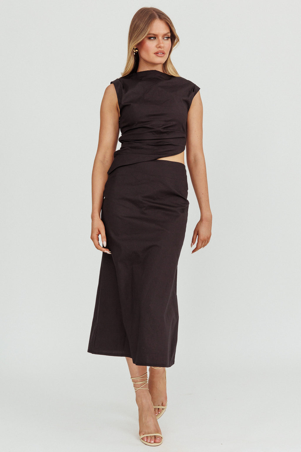 Lorely Boat Neck Cut Out Midi Dress Black by Selfie Leslie Australia