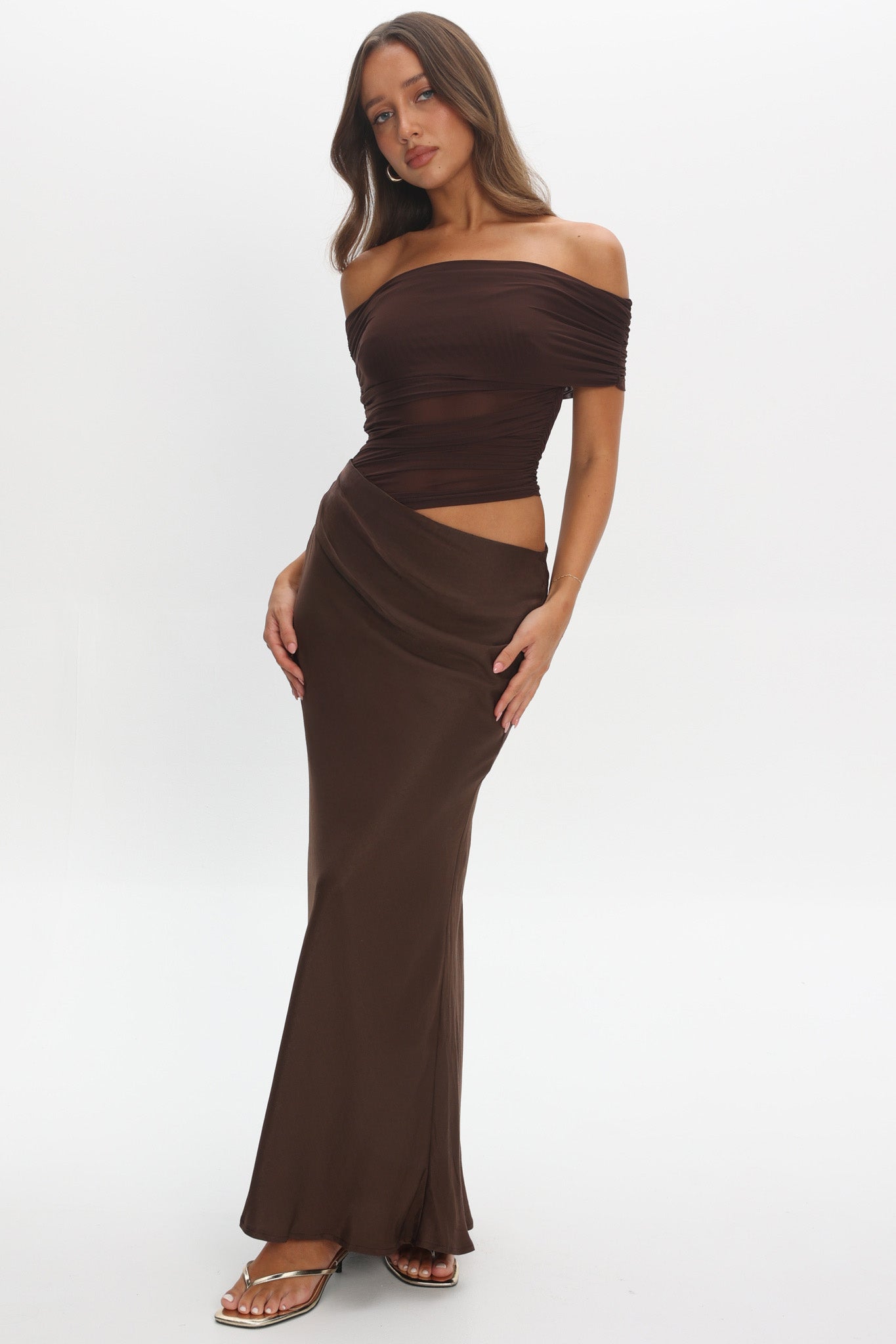 Lorely Off-Shoulder Midi Dress Chocolate by Selfie Leslie Australia