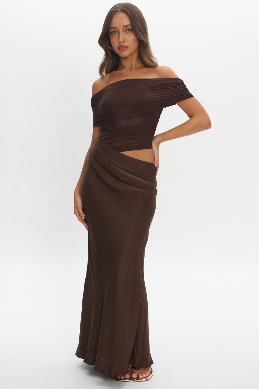 Lorely Off-Shoulder Midi Dress Chocolate by Selfie Leslie Australia