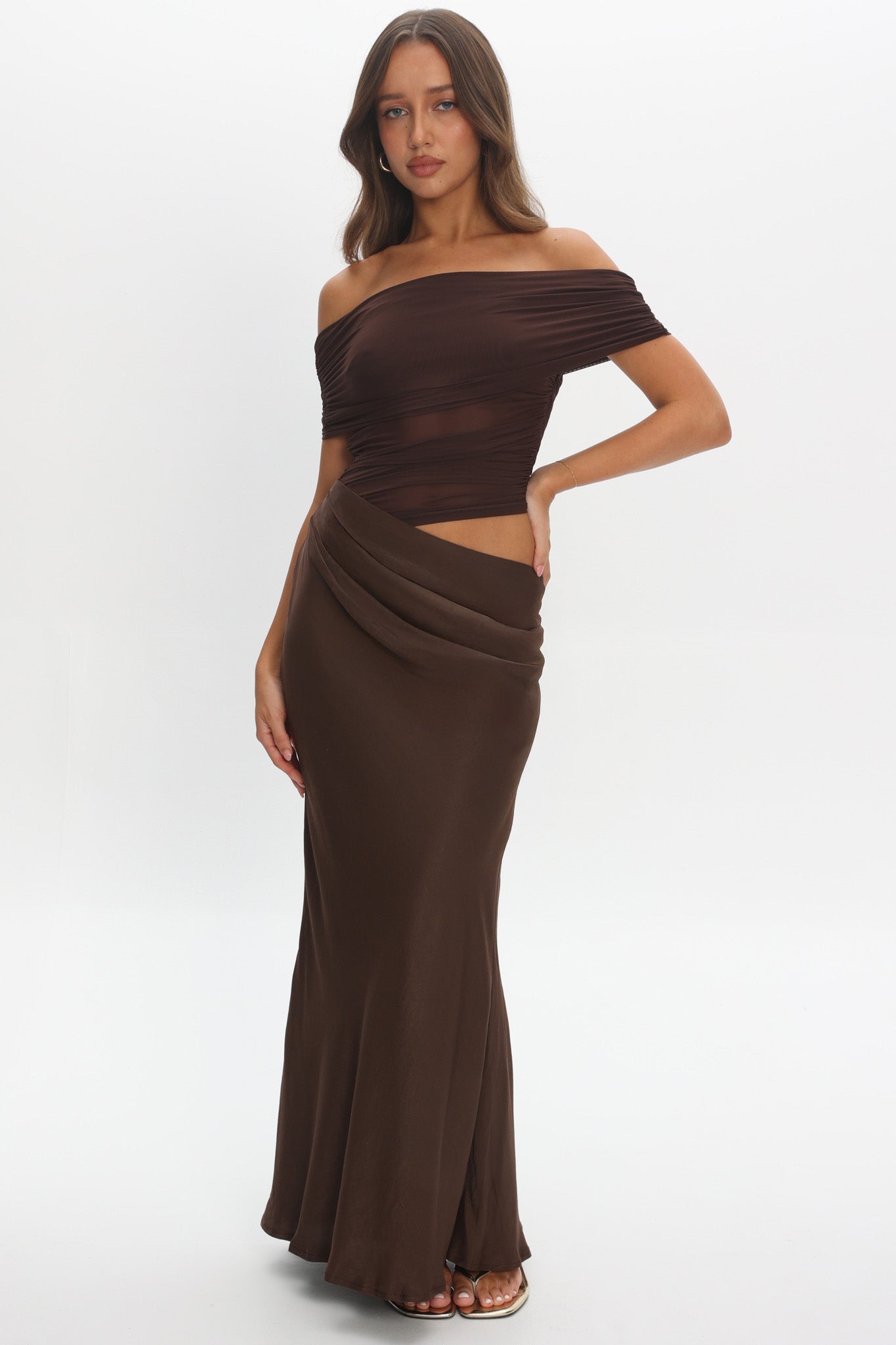 Lorely Off-Shoulder Midi Dress Chocolate by Selfie Leslie Australia