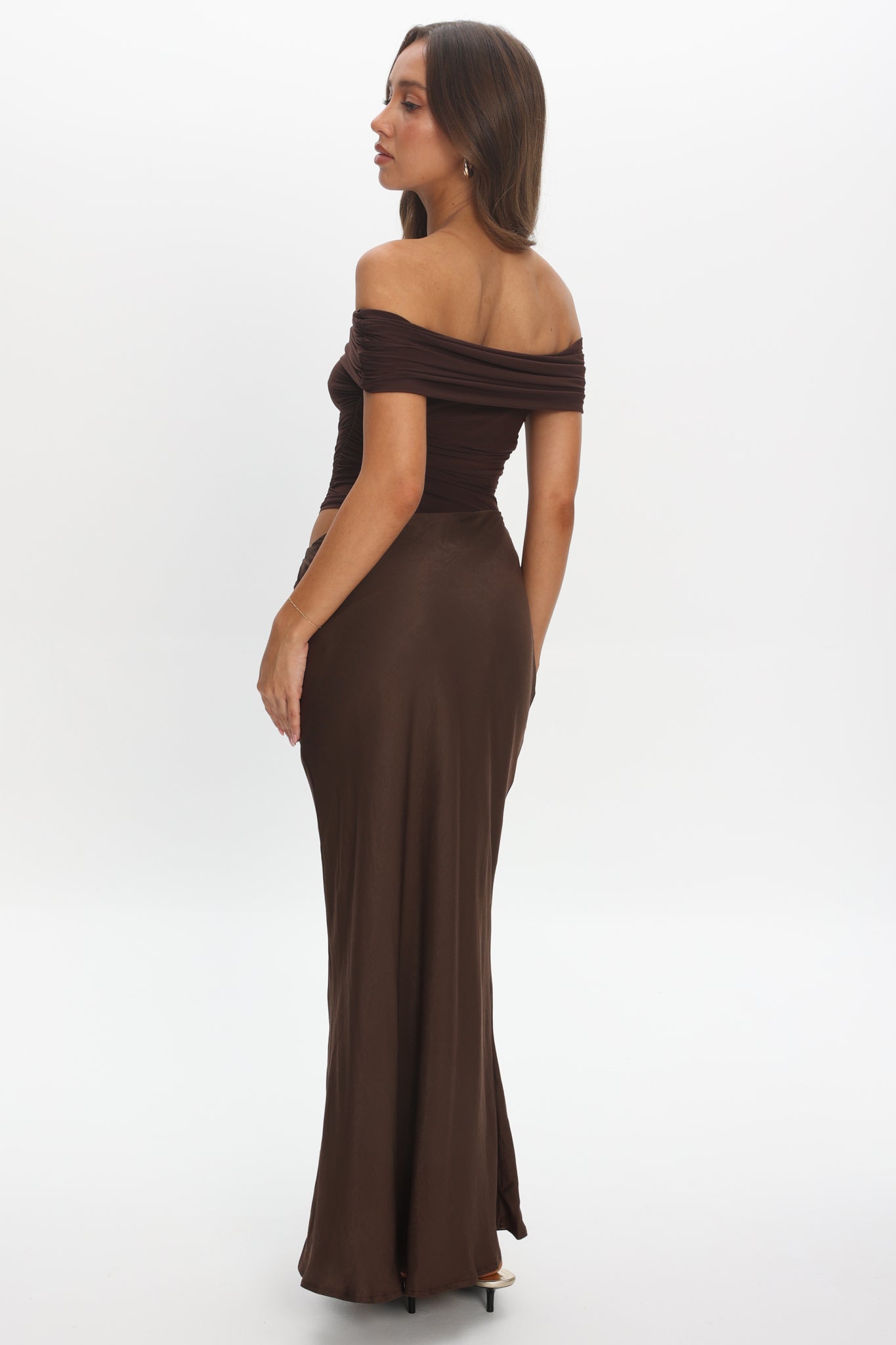 Lorely Off-Shoulder Midi Dress Chocolate by Selfie Leslie Australia
