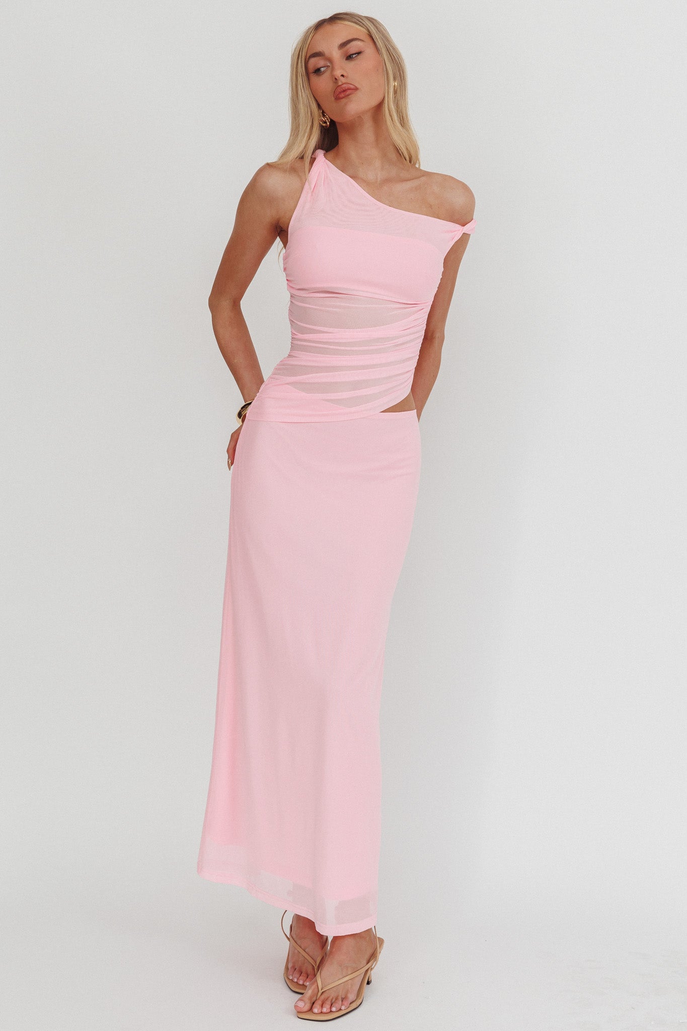 Lorely Ruched Bodice Twist Strap Maxi Dress Pink by Selfie Leslie Australia