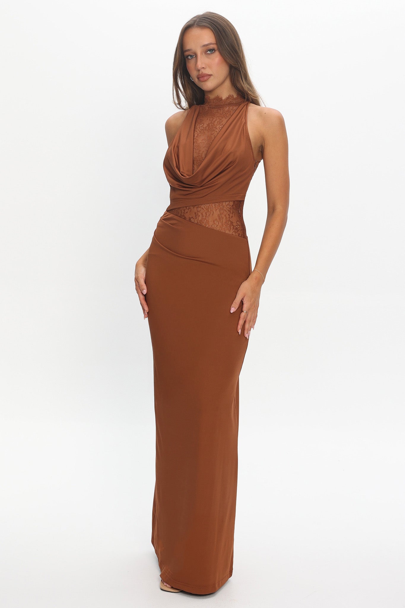 Lorely Lace Bodice Cowl Maxi Dress Chocolate by Selfie Leslie Australia