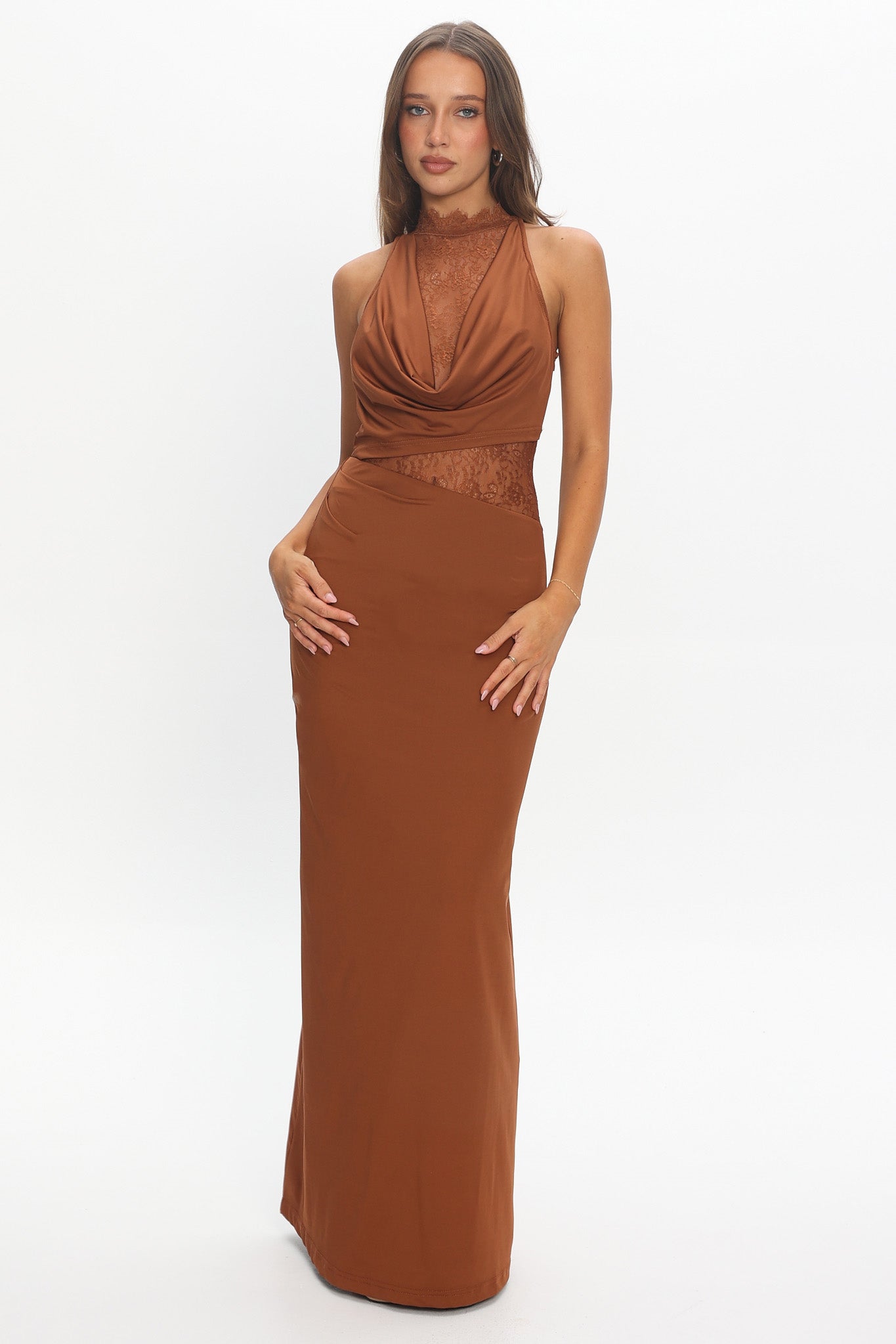 Lorely Lace Bodice Cowl Maxi Dress Chocolate by Selfie Leslie Australia