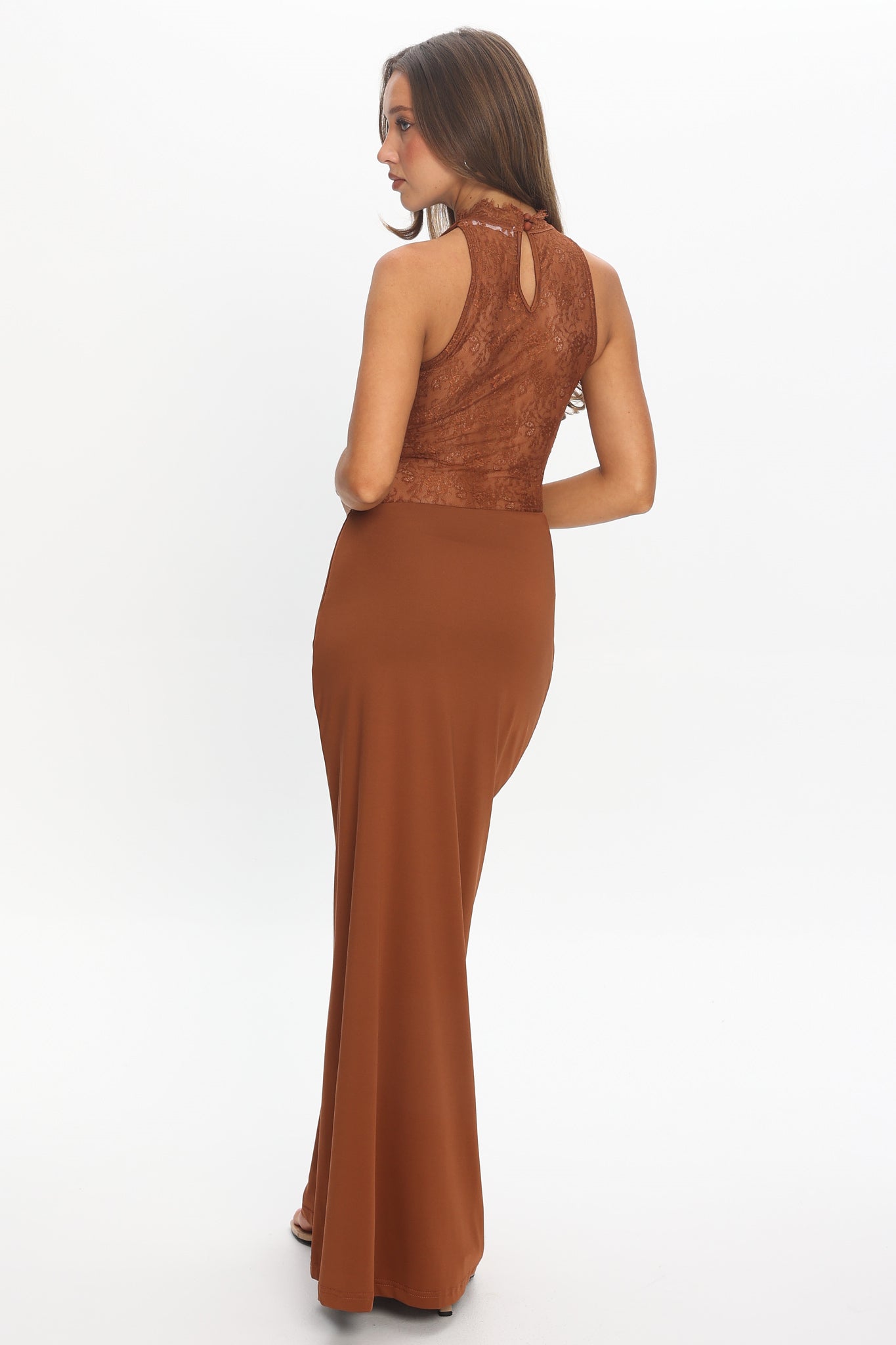 Lorely Lace Bodice Cowl Maxi Dress Chocolate by Selfie Leslie Australia