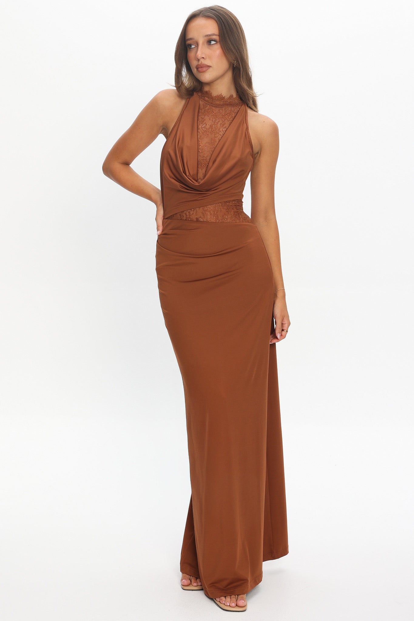 Lorely Lace Bodice Cowl Maxi Dress Chocolate by Selfie Leslie Australia
