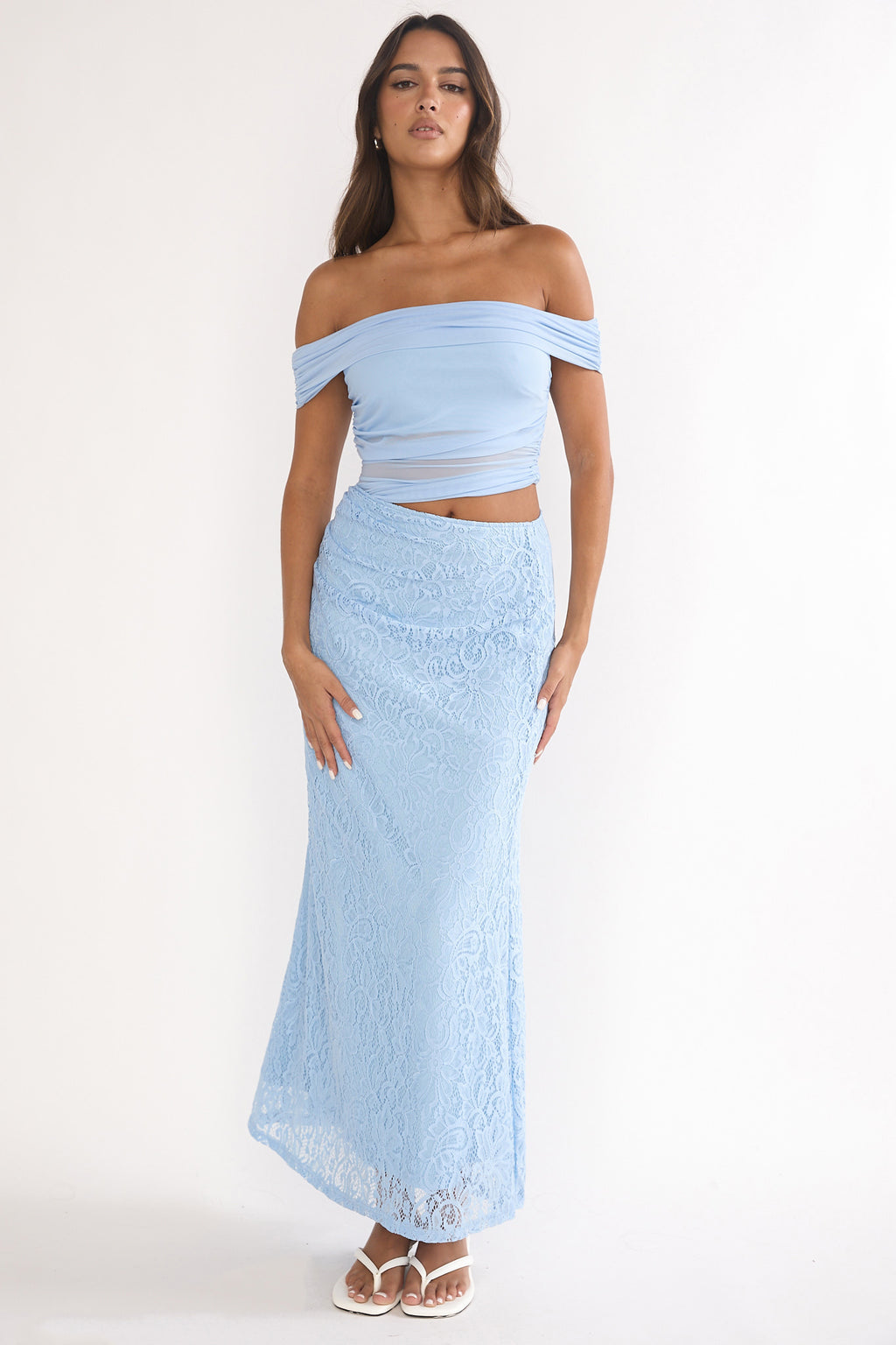 Lorely Off-Shoulder Lace Maxi Dress Blue by Selfie Leslie Australia