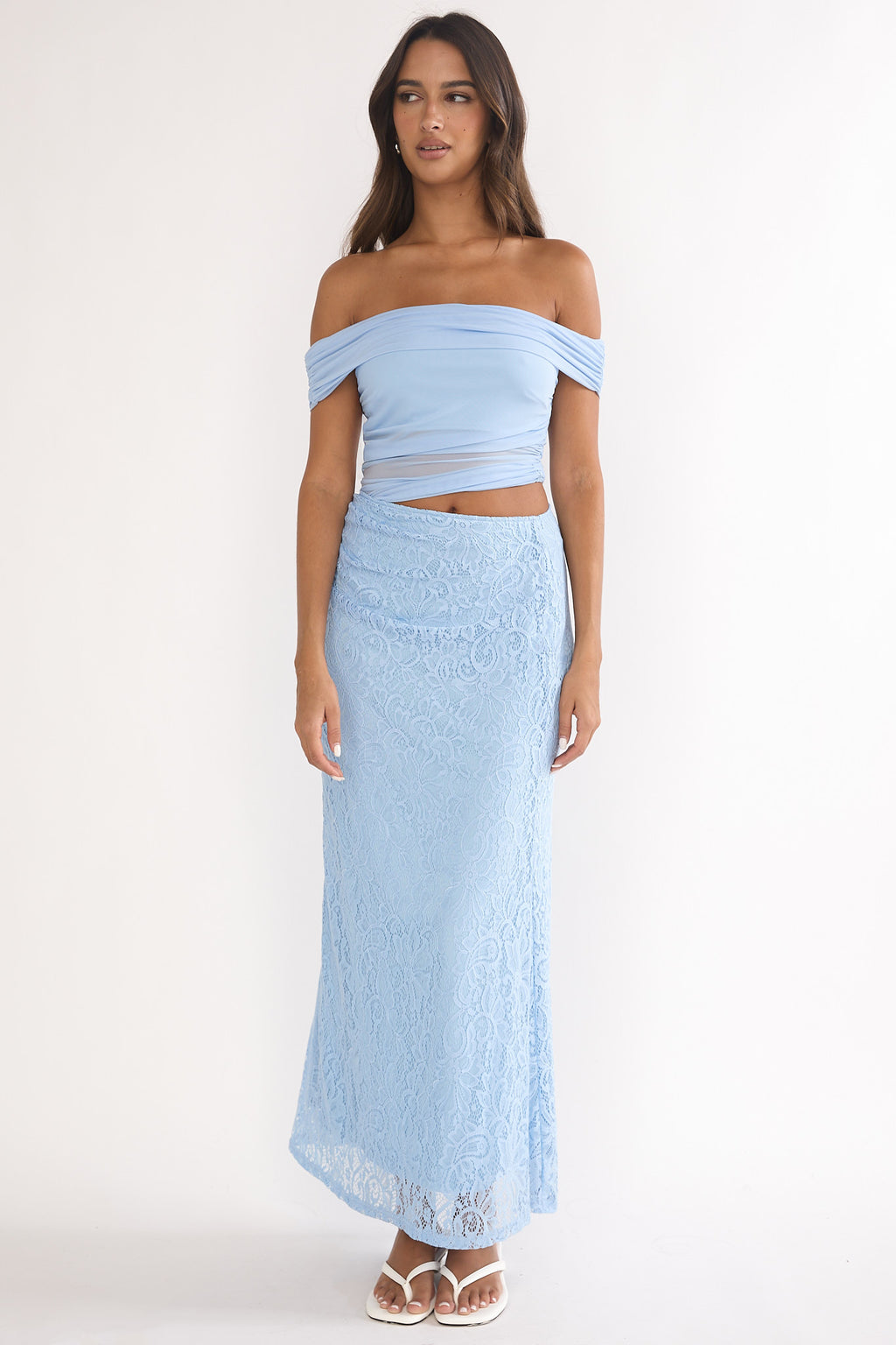 Lorely Off-Shoulder Lace Maxi Dress Blue by Selfie Leslie Australia