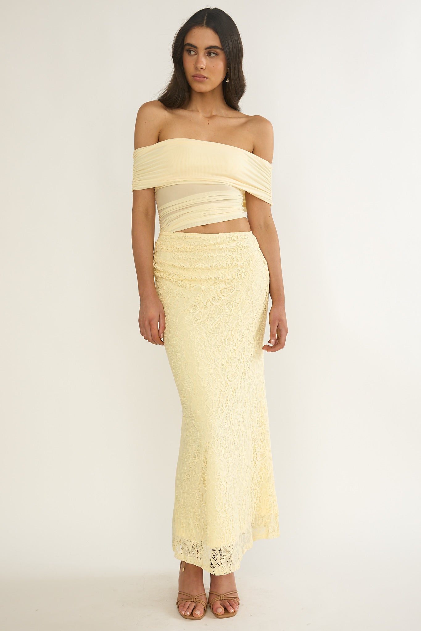 Lorely Off-Shoulder Lace Maxi Dress Butter by Selfie Leslie Australia