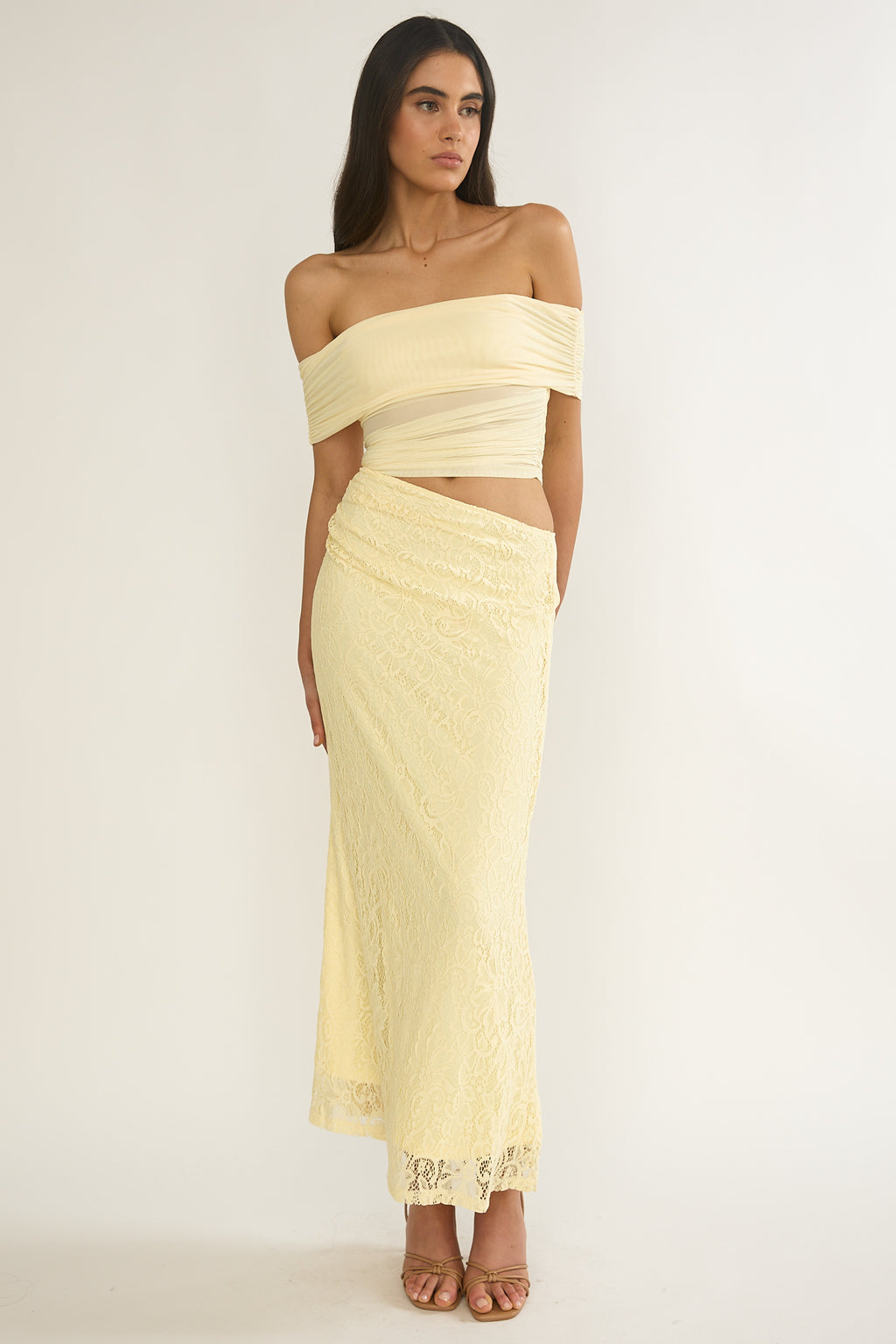 Lorely Off-Shoulder Lace Maxi Dress Butter by Selfie Leslie Australia