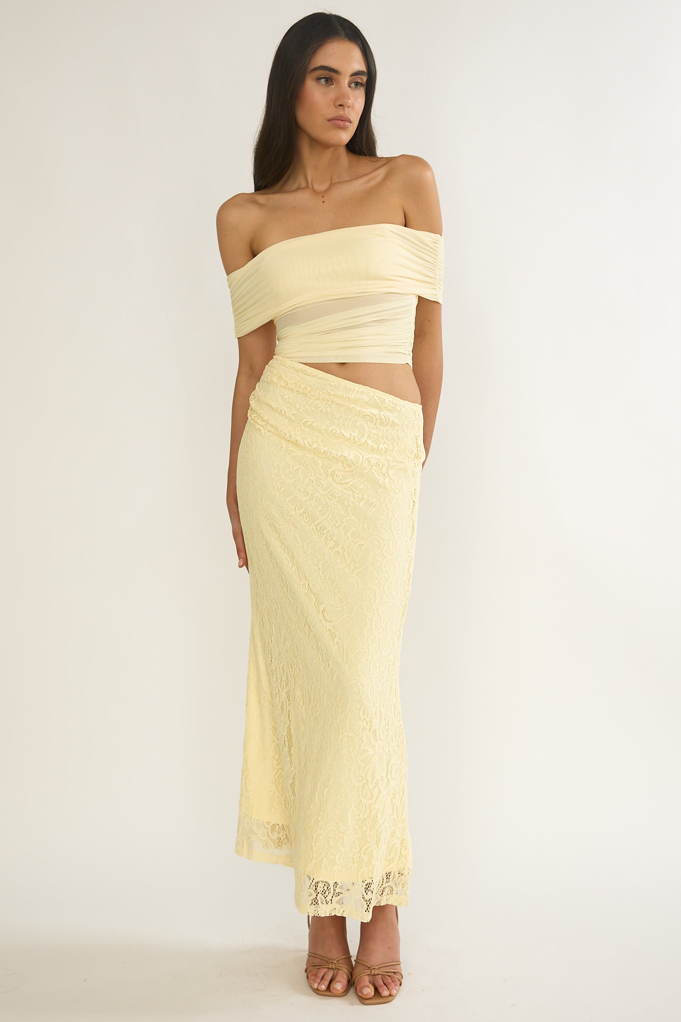 Lorely Off-Shoulder Lace Maxi Dress Butter by Selfie Leslie Australia
