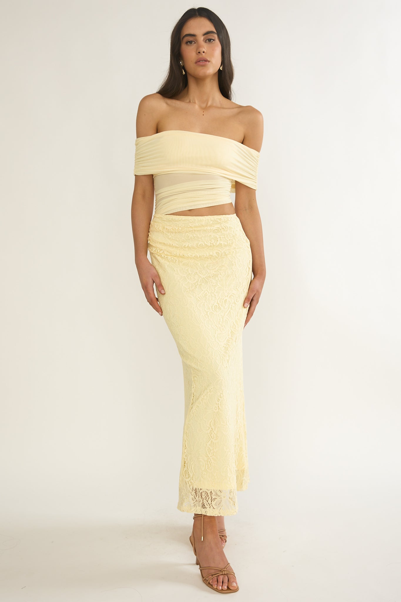 Lorely Off-Shoulder Lace Maxi Dress Butter by Selfie Leslie Australia