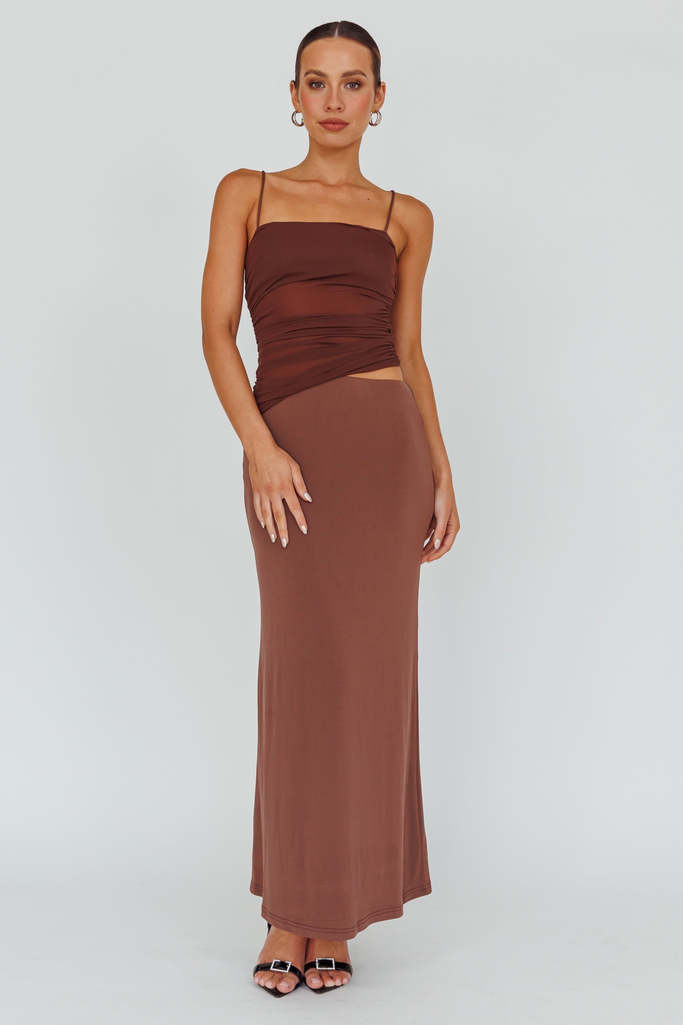 Lorely Ruched Bodice Midi Dress Brown by Selfie Leslie Australia