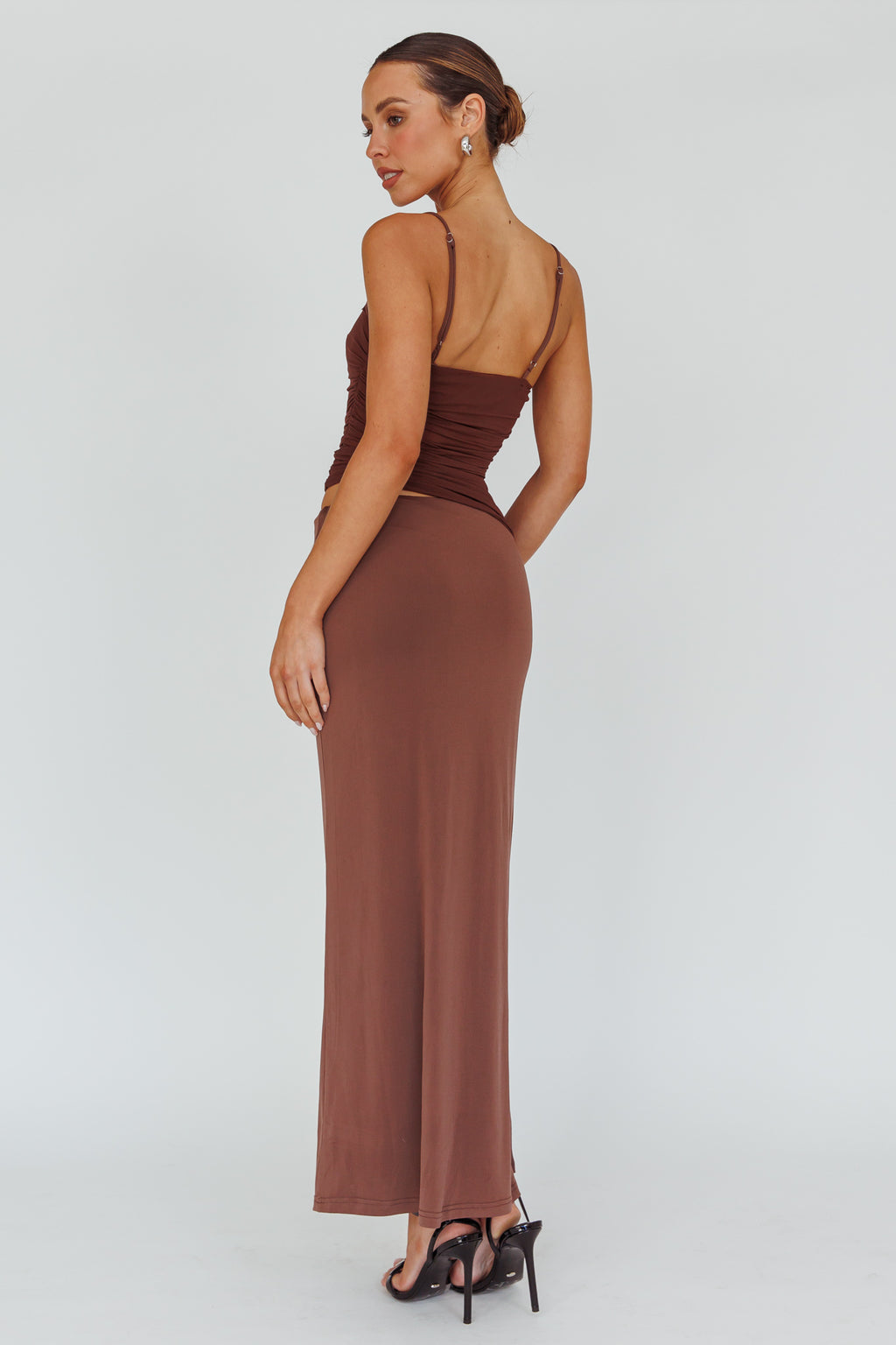 Lorely Ruched Bodice Midi Dress Brown by Selfie Leslie Australia