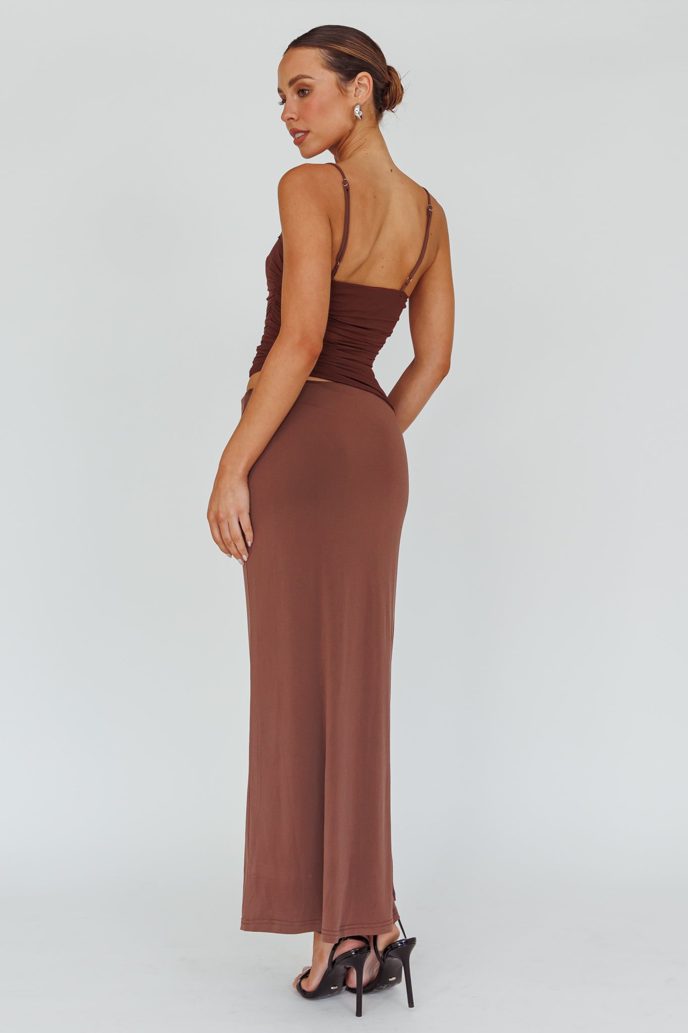 Lorely Ruched Bodice Midi Dress Brown by Selfie Leslie Australia