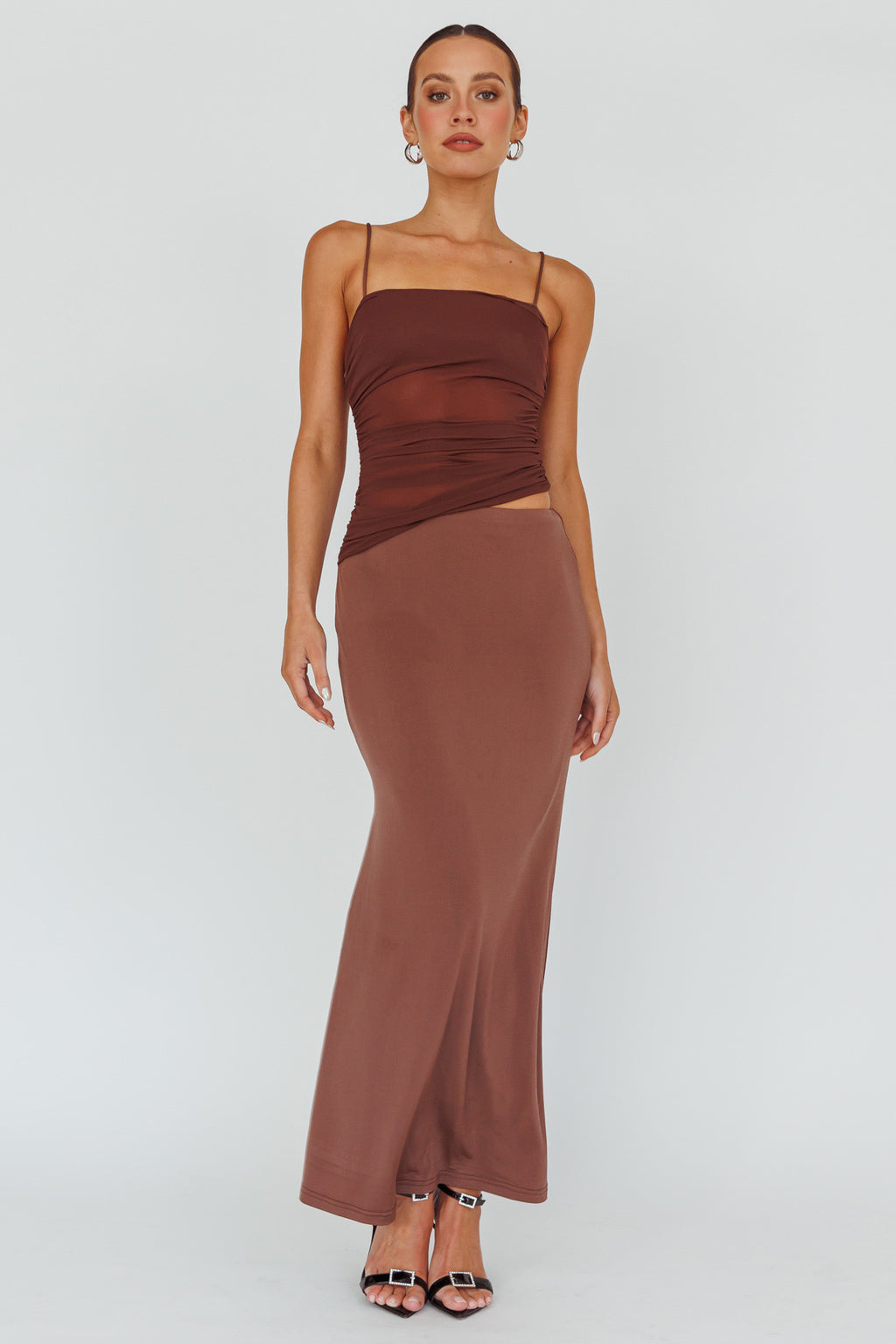 Lorely Ruched Bodice Midi Dress Brown by Selfie Leslie Australia
