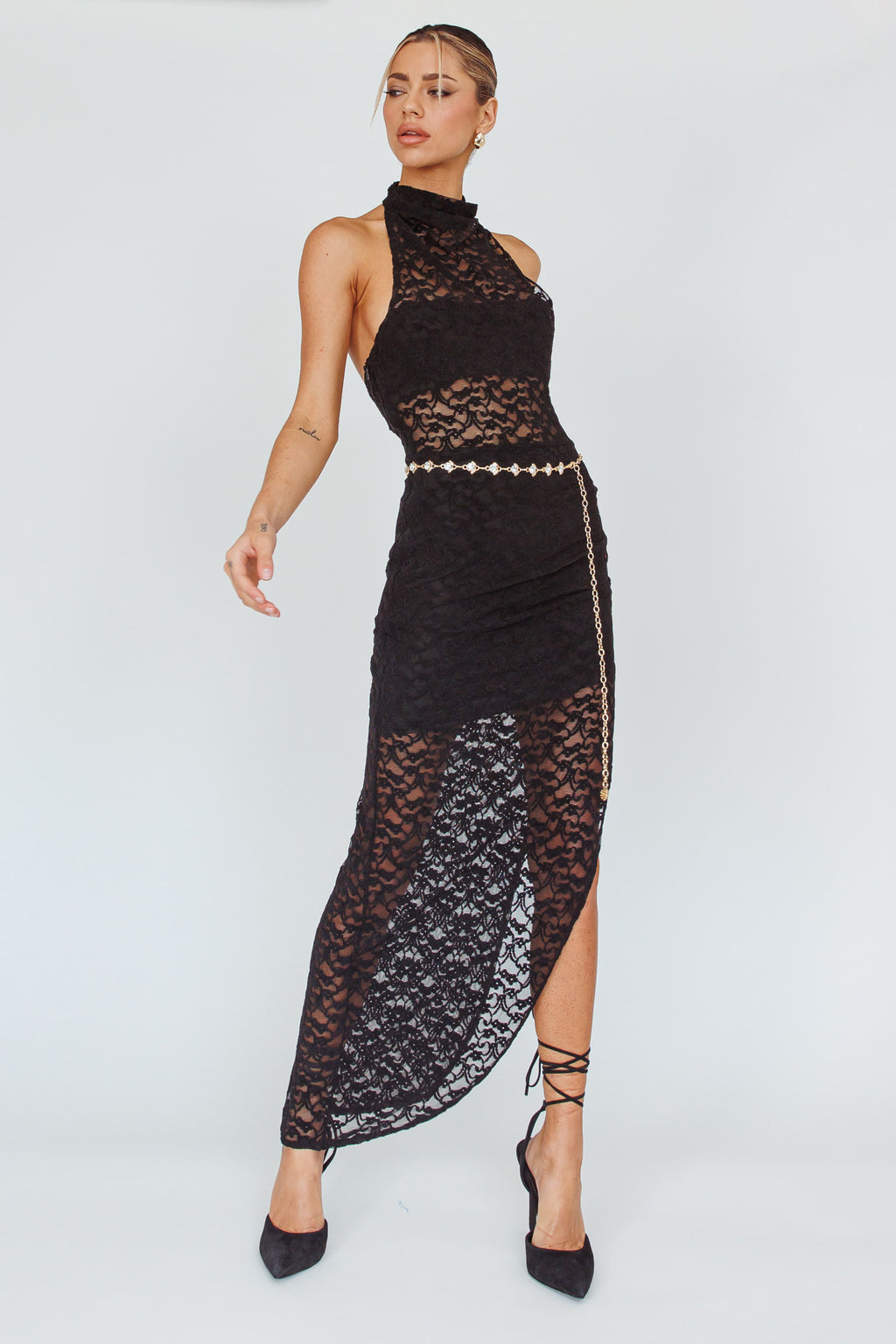 Tokyo Dreams Lace Halter Maxi Dress Black by Selfie Leslie Australia