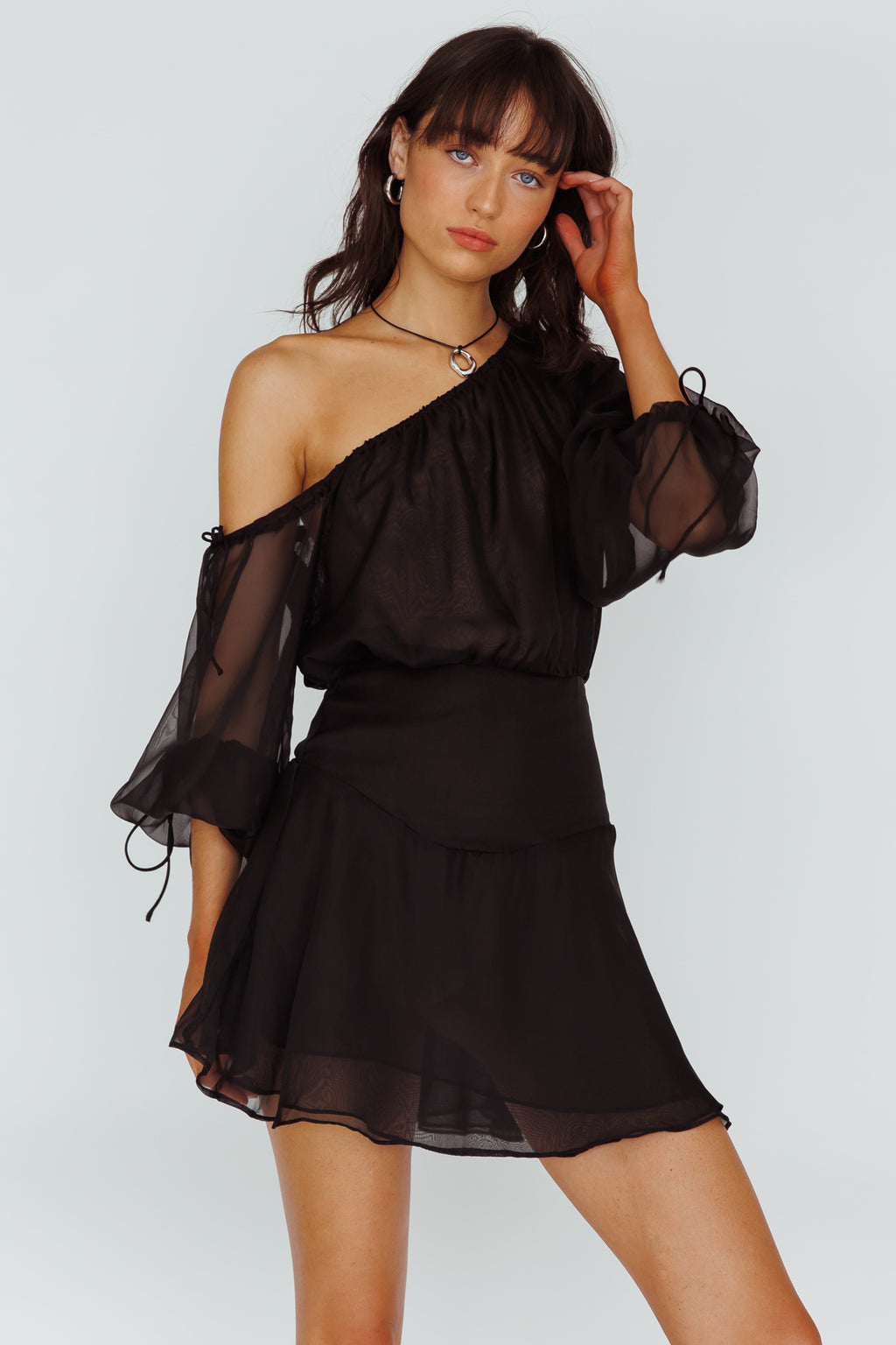 Mariona Off Shoulder Long Sleeve Mini Dress Black by Selfie Leslie Australia