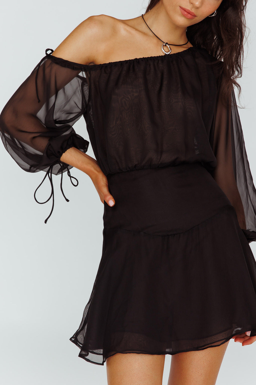 Mariona Off Shoulder Long Sleeve Mini Dress Black by Selfie Leslie Australia
