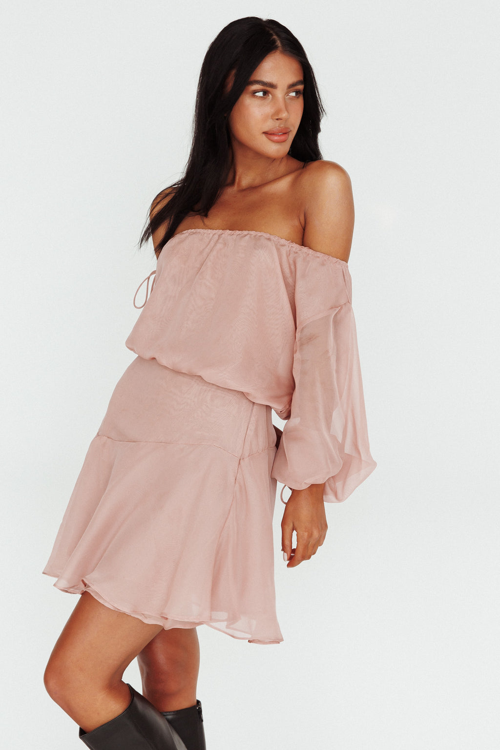 Mariona Off Shoulder Long Sleeve Mini Dress Blush by Selfie Leslie Australia