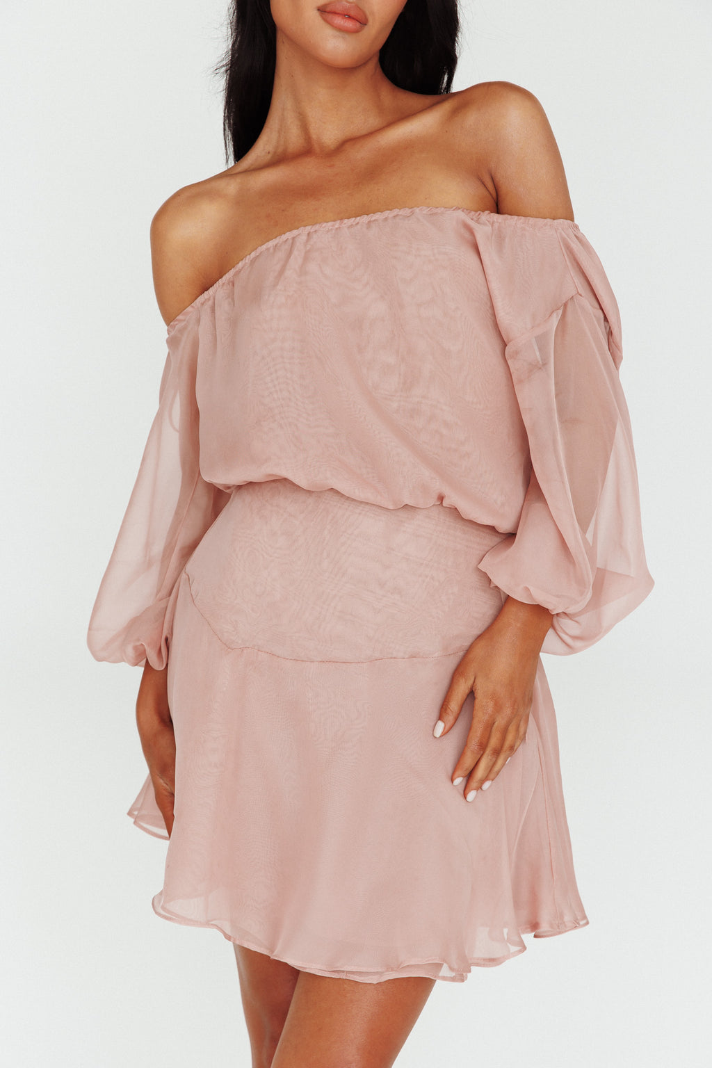 Mariona Off Shoulder Long Sleeve Mini Dress Blush by Selfie Leslie Australia