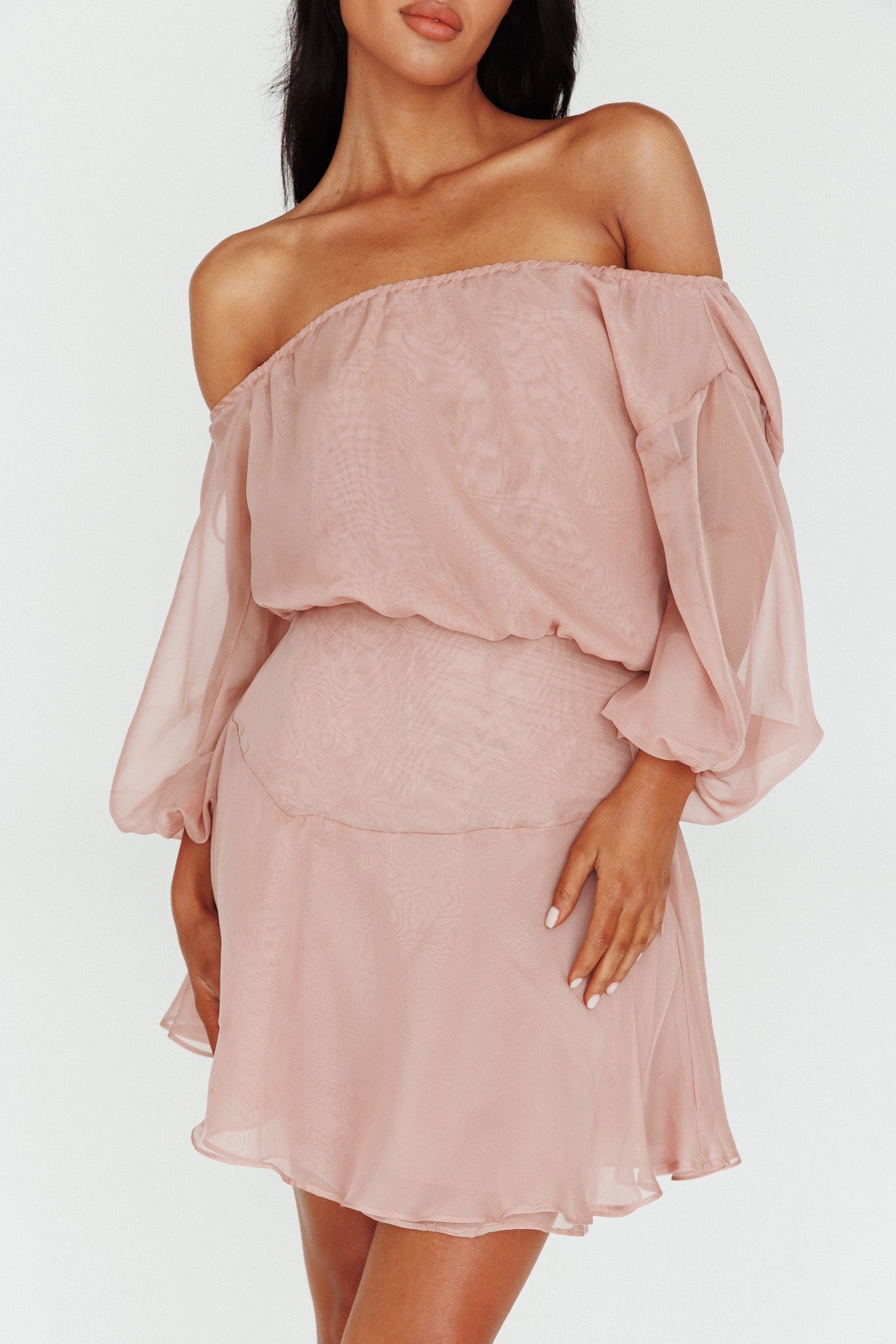 Mariona Off Shoulder Long Sleeve Mini Dress Blush by Selfie Leslie Australia