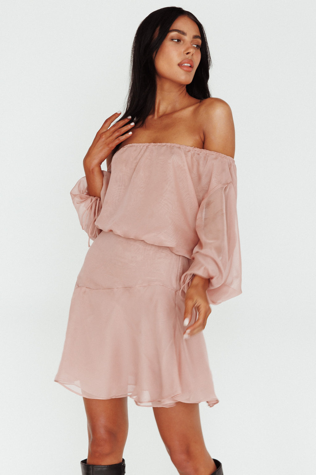 Mariona Off Shoulder Long Sleeve Mini Dress Blush by Selfie Leslie Australia