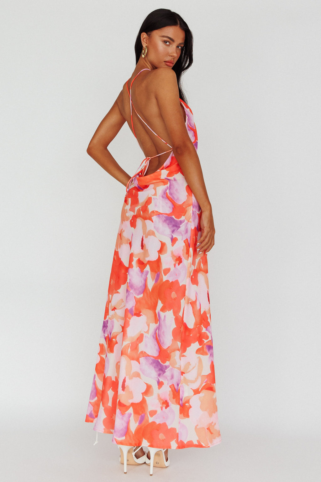 Val Cowl Back Maxi Dress Floral Orange by Selfie Leslie Australia