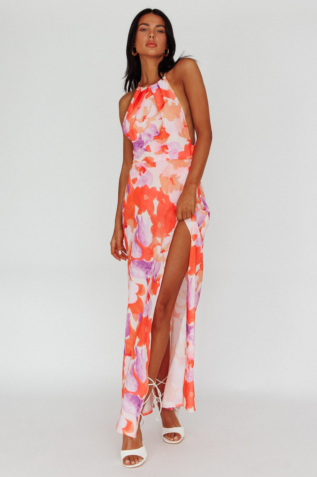 Val Cowl Back Maxi Dress Floral Orange by Selfie Leslie Australia