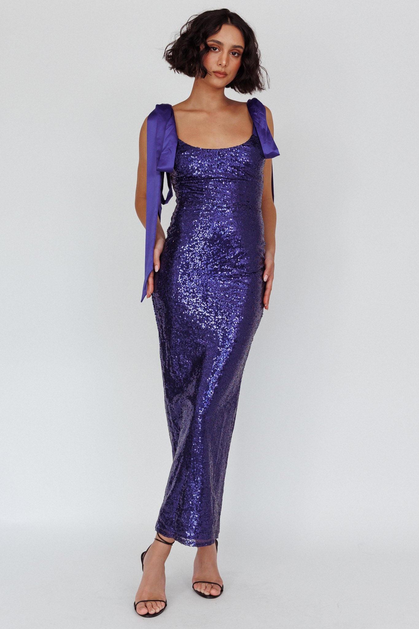 Birthday Wish Tied Shoulder Sequin Maxi Dress Blue by Selfie Leslie Australia