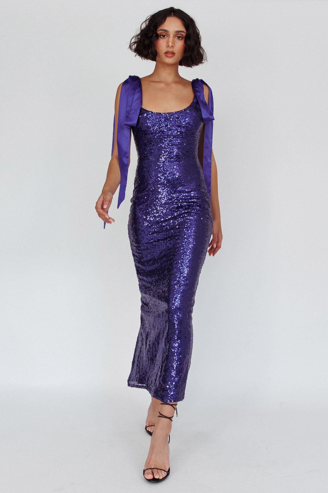 Birthday Wish Tied Shoulder Sequin Maxi Dress Blue by Selfie Leslie Australia