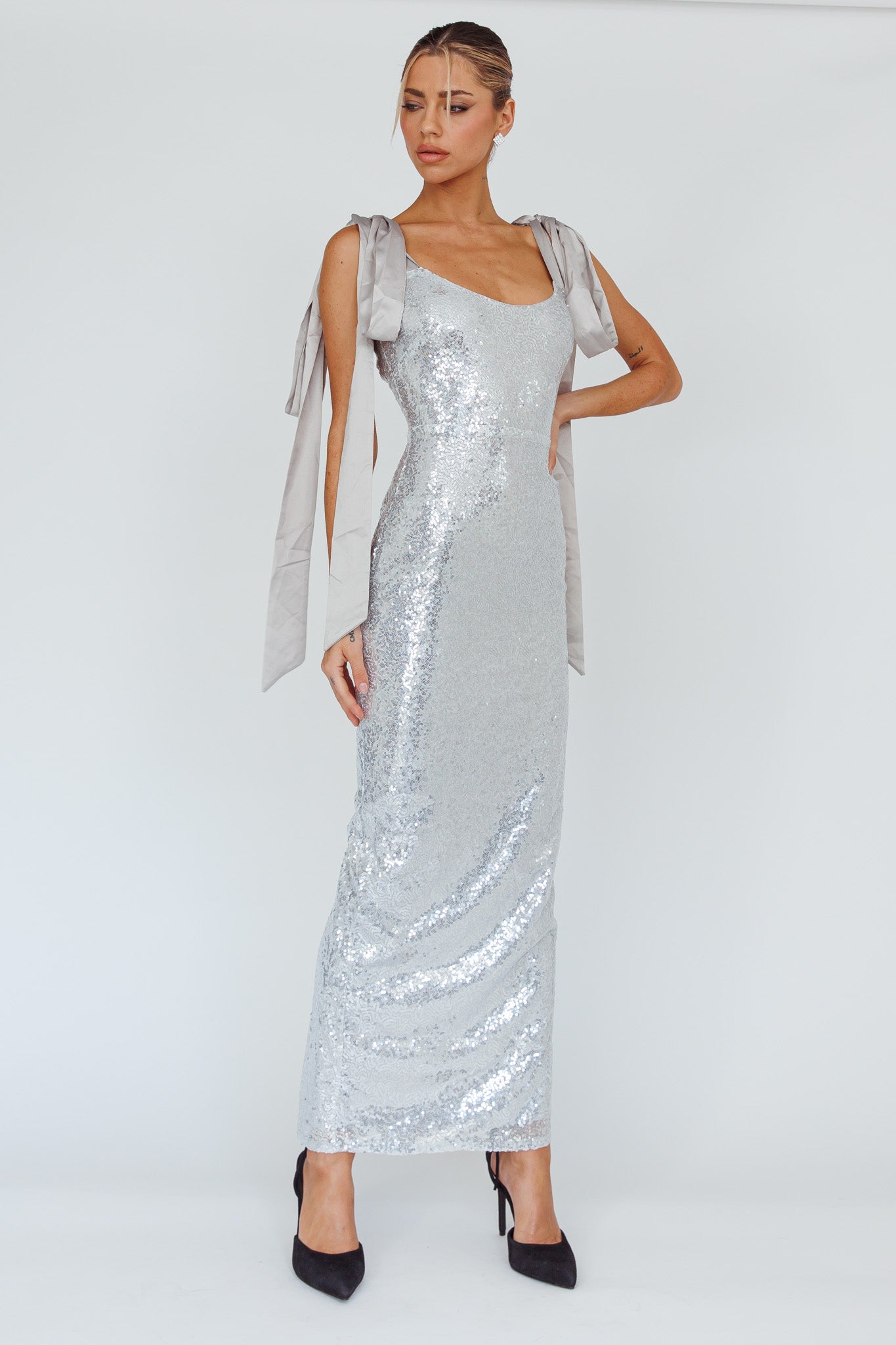 Birthday Wish Tied Shoulder Sequin Maxi Dress Silver by Selfie Leslie Australia