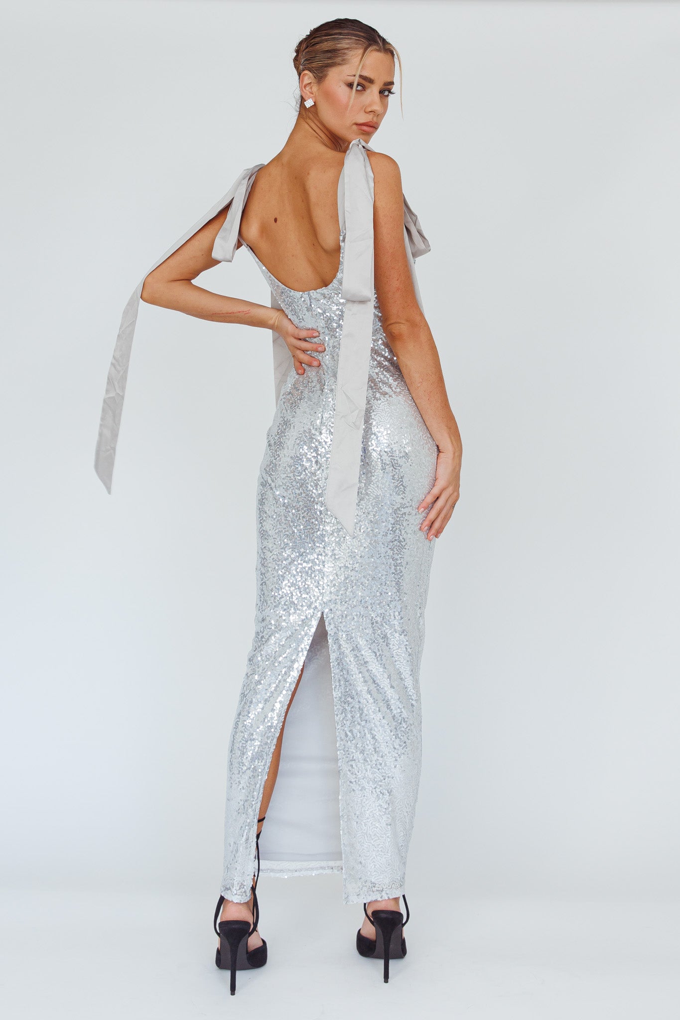 Birthday Wish Tied Shoulder Sequin Maxi Dress Silver by Selfie Leslie Australia