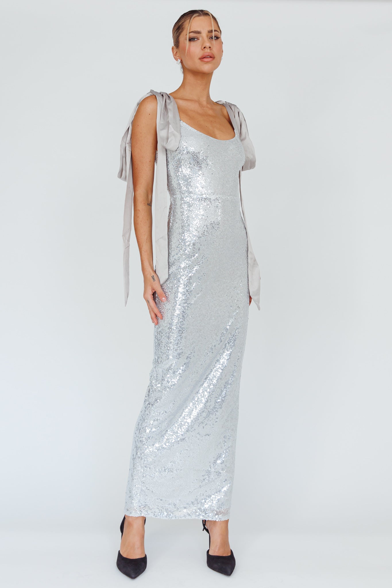 Birthday Wish Tied Shoulder Sequin Maxi Dress Silver by Selfie Leslie Australia