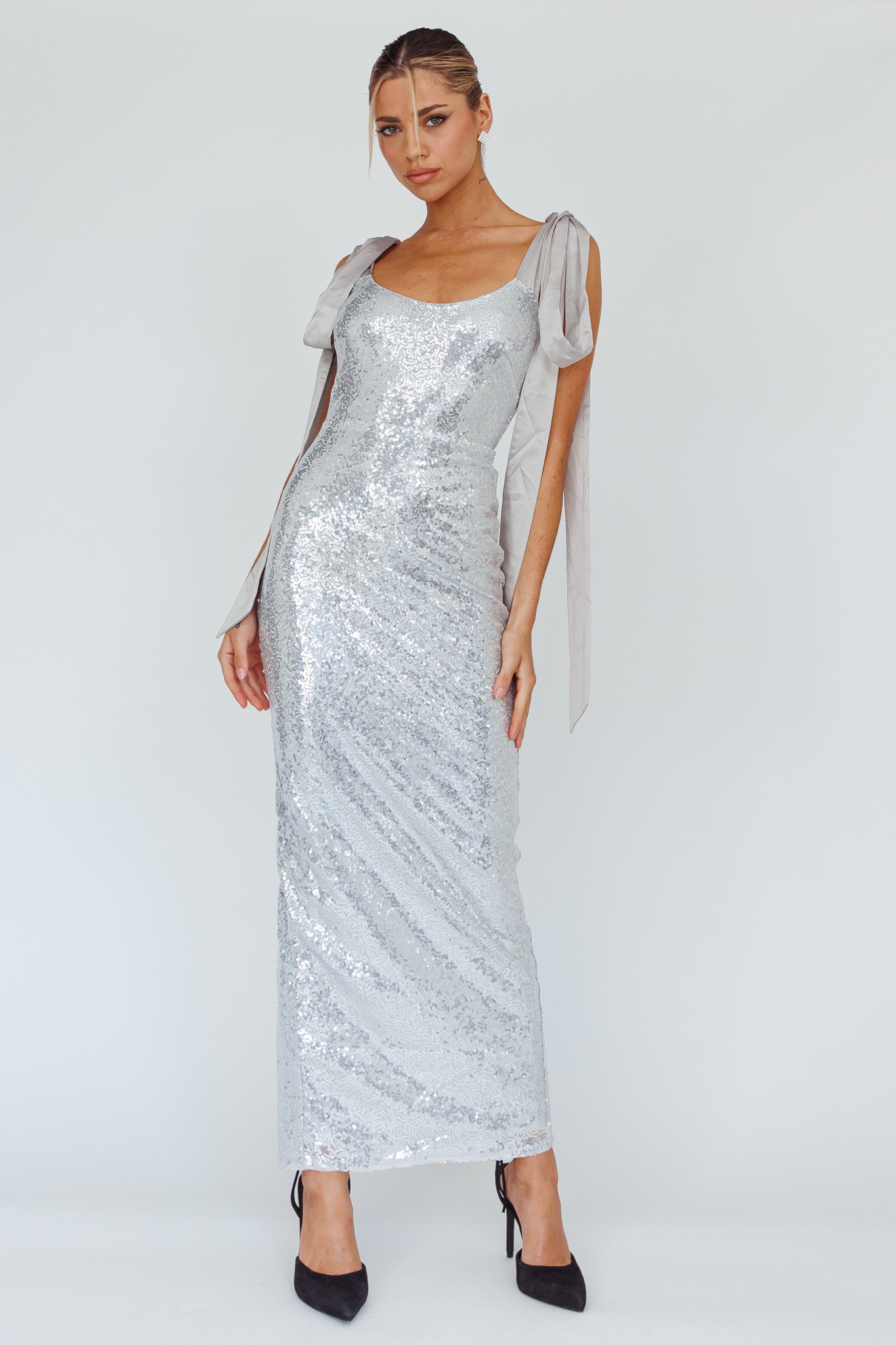 Birthday Wish Tied Shoulder Sequin Maxi Dress Silver by Selfie Leslie Australia