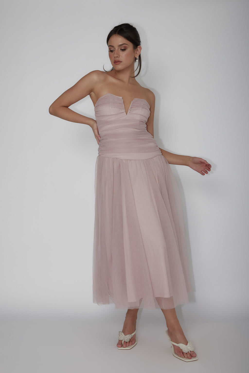 Daphnie Drop Waist Tulle Midi Dress Blush by Selfie Leslie Australia