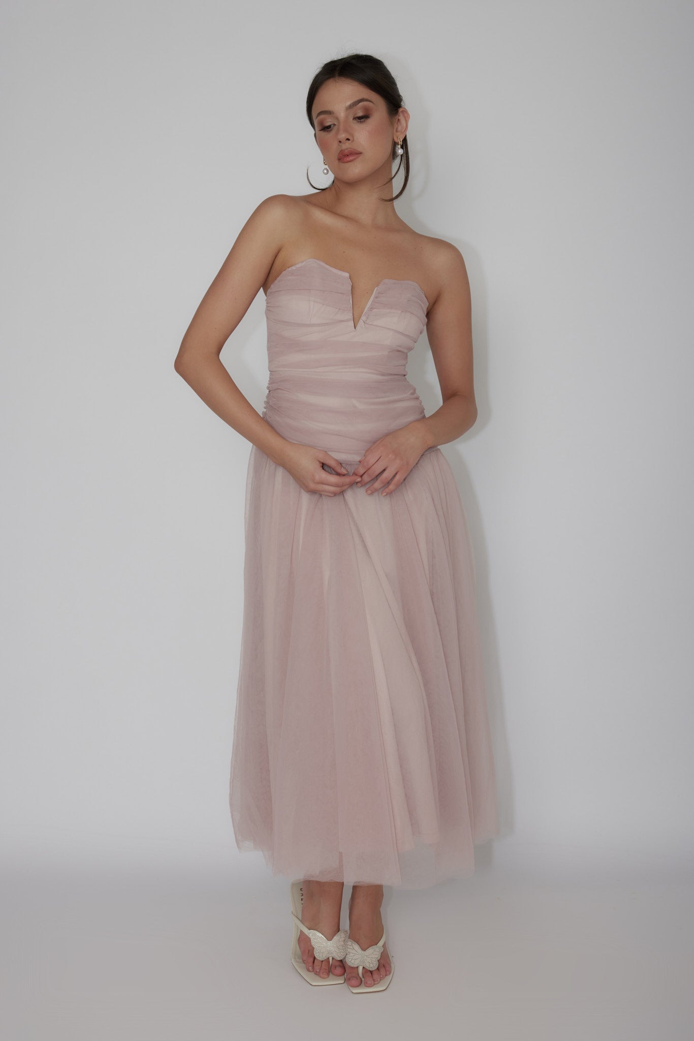 Daphnie Drop Waist Tulle Midi Dress Blush by Selfie Leslie Australia
